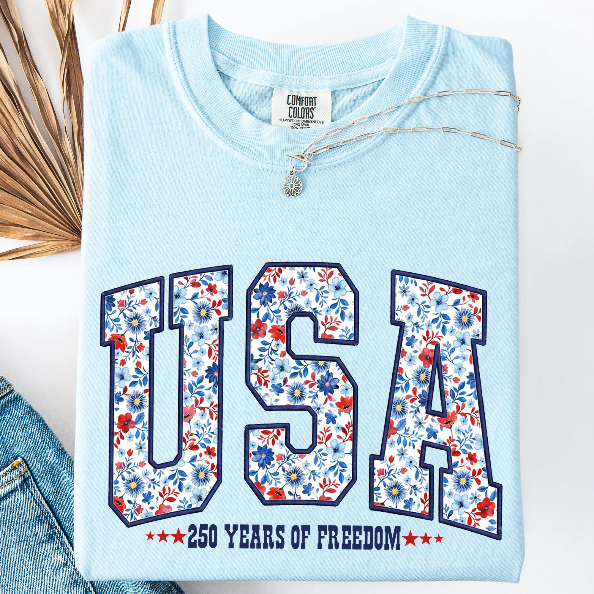 USA, Patriotic Floral, 250 Years of Freedom, Varsity, America Comfort Colors T-Shirt sold by Refinery Number One