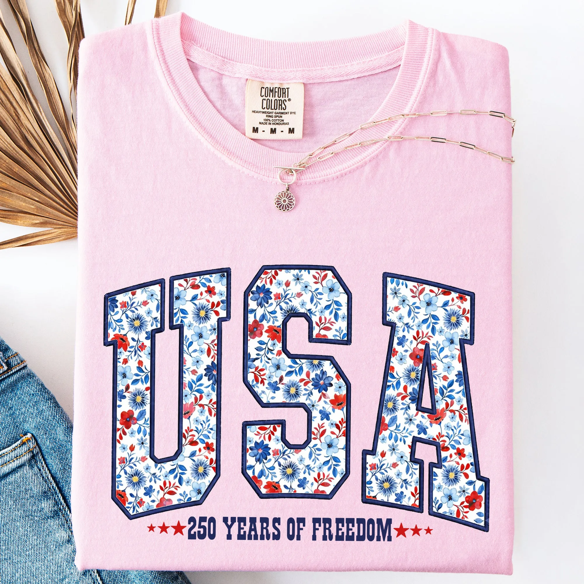 USA, Patriotic Floral, 250 Years of Freedom, Varsity, America Comfort Colors T-Shirt sold by Refinery Number One product image thumbnail 3