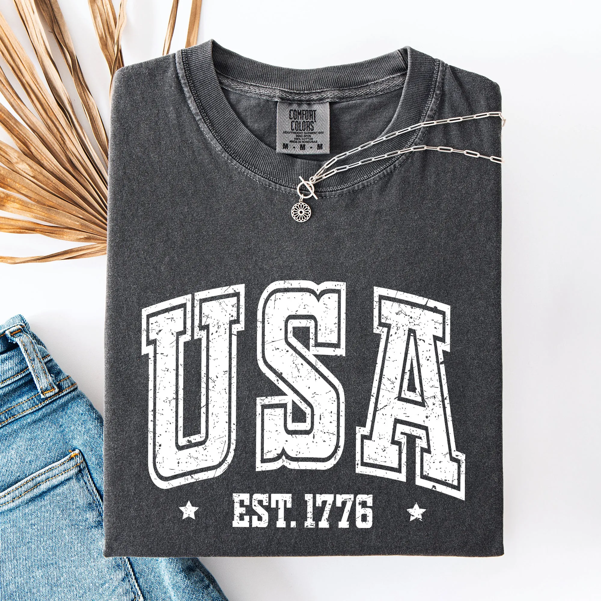 USA, est 1776, America, Patriotic, Vintage Varsity Comfort Colors T-Shirt sold by Refinery Number One