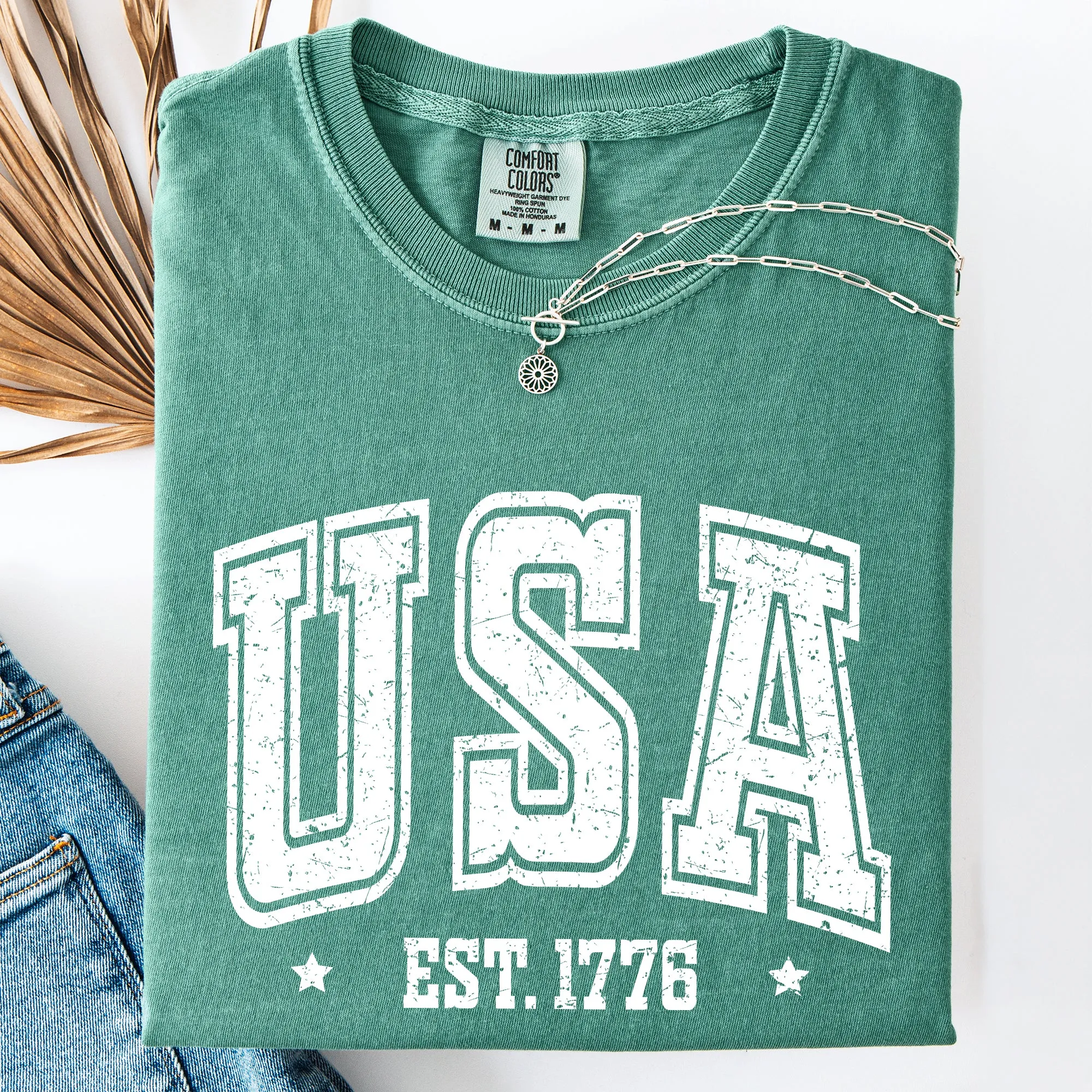 USA, est 1776, America, Patriotic, Vintage Varsity Comfort Colors T-Shirt sold by Refinery Number One product image thumbnail 4