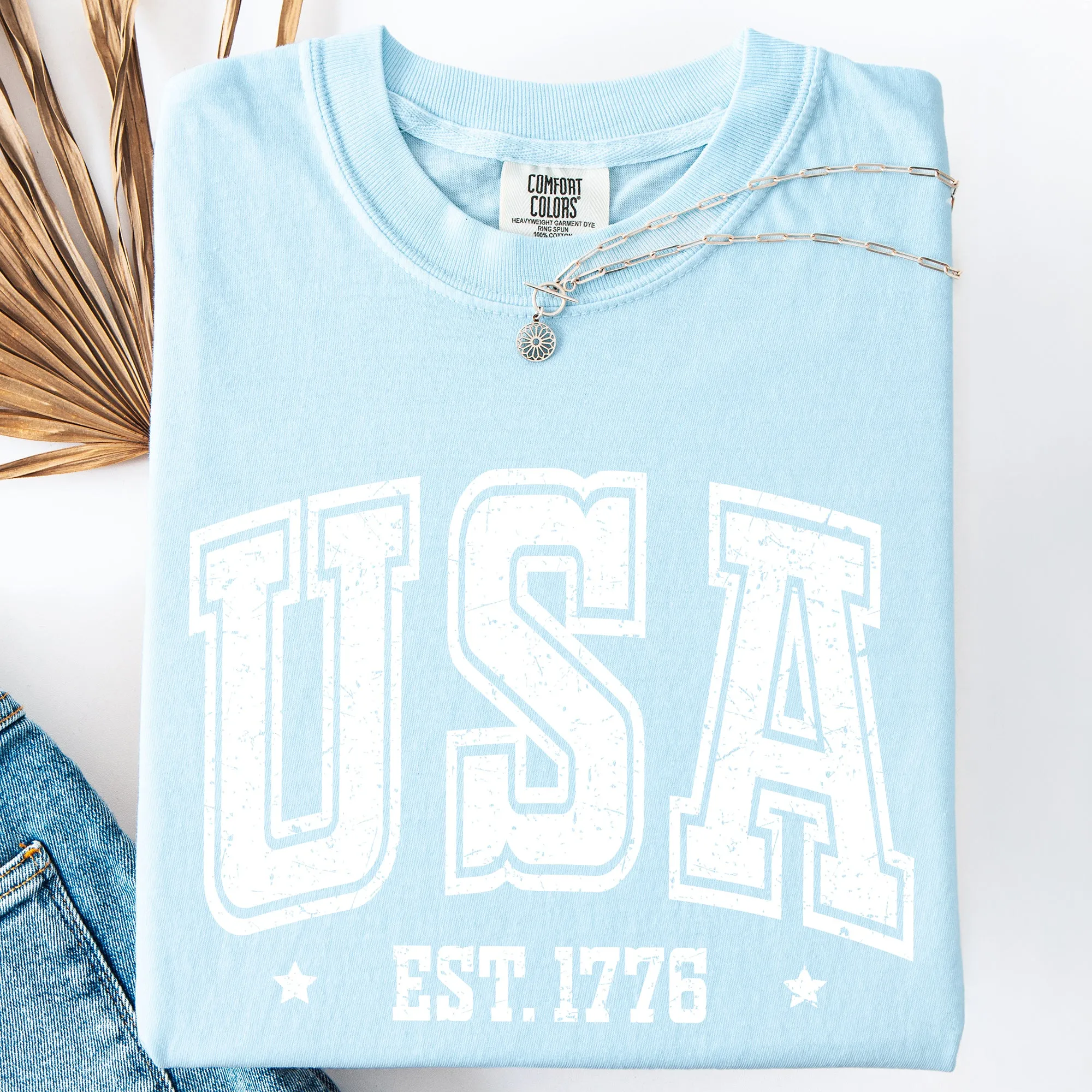 USA, est 1776, America, Patriotic, Vintage Varsity Comfort Colors T-Shirt sold by Refinery Number One product image thumbnail 3