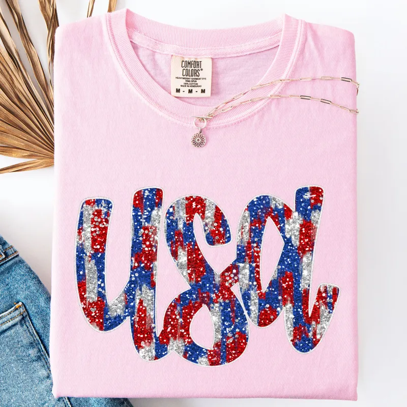 Glittery, USA, Patriotic, America, Red White and Blue Comfort Colors T-Shirt made by Refinery Number One