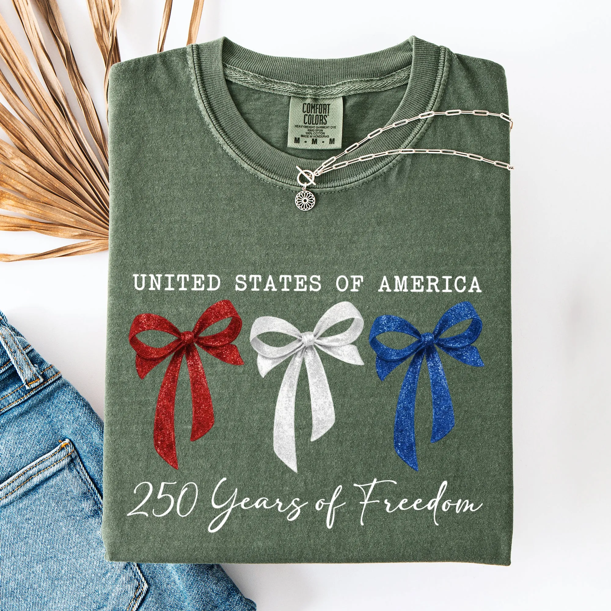 Glittery, Red White and Blue Bows, Ribbons, Patriotic, 250 Years of Freedom, USA, America Comfort Colors T-Shirt sold by Refinery Number One product image thumbnail 5
