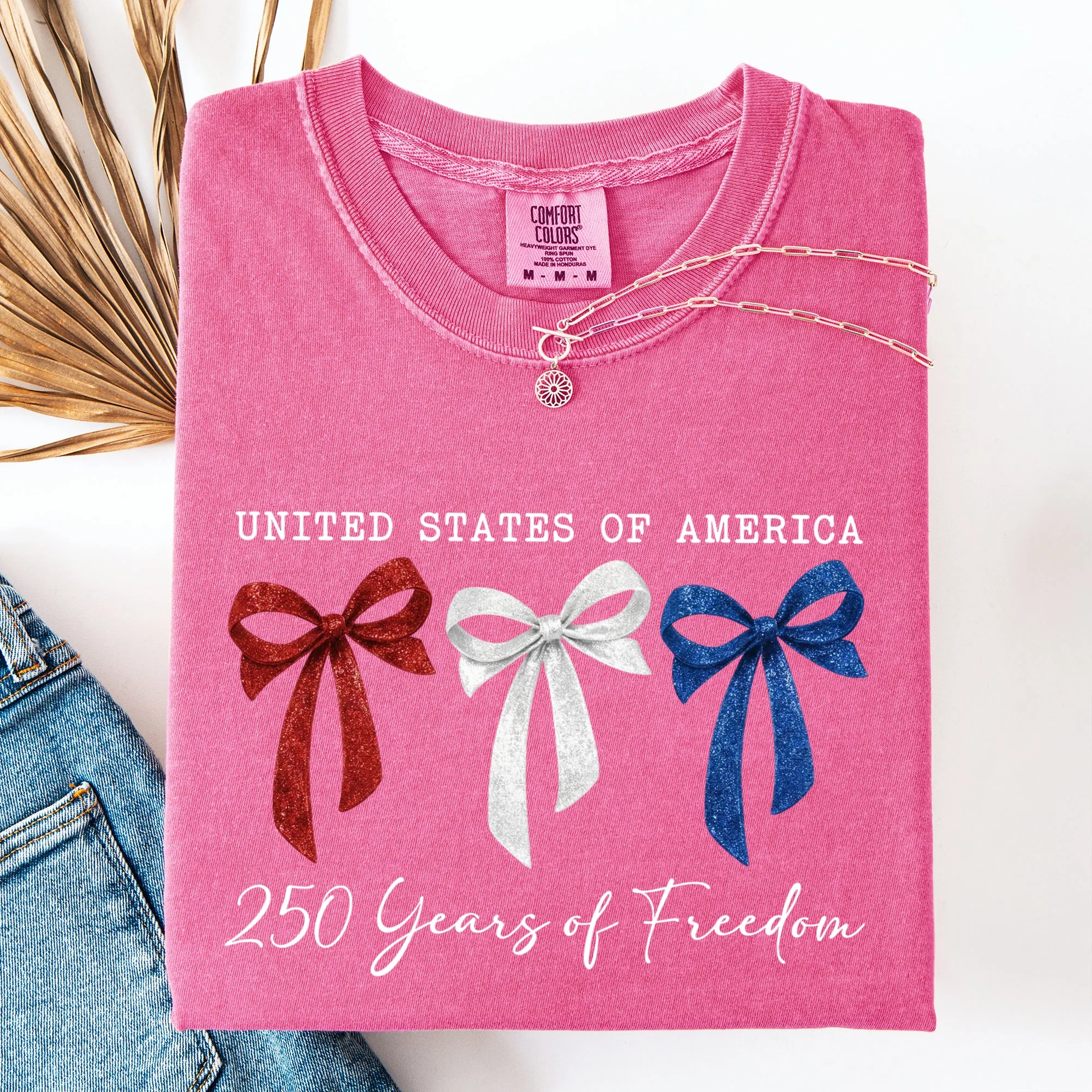 Glittery, Red White and Blue Bows, Ribbons, Patriotic, 250 Years of Freedom, USA, America Comfort Colors T-Shirt sold by Refinery Number One product image thumbnail 4