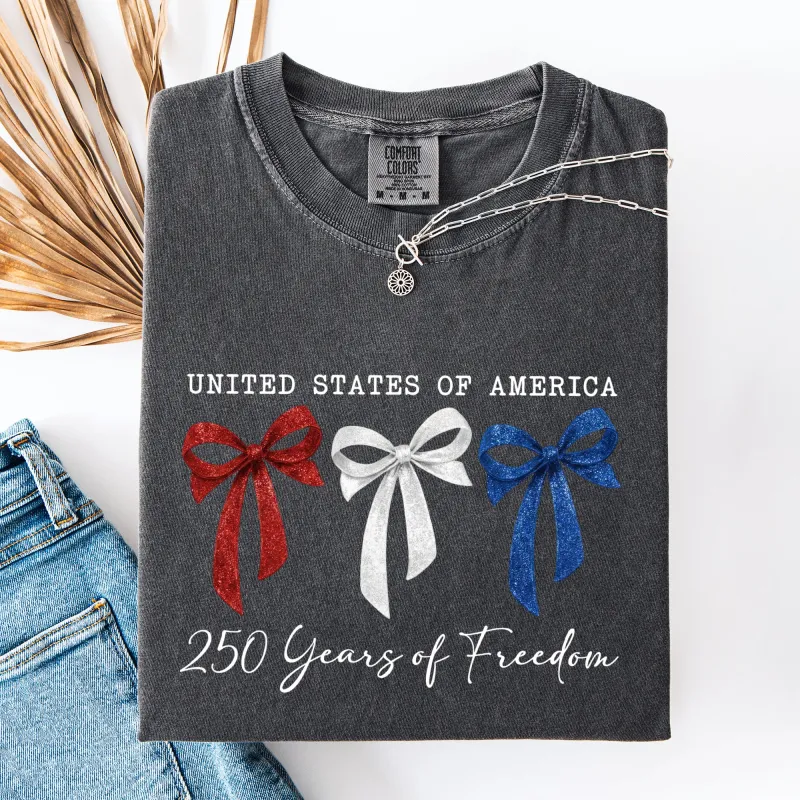 Glittery, Red White and Blue Bows, Ribbons, Patriotic, 250 Years of Freedom, USA, America Comfort Colors T-Shirt made by Refinery Number One