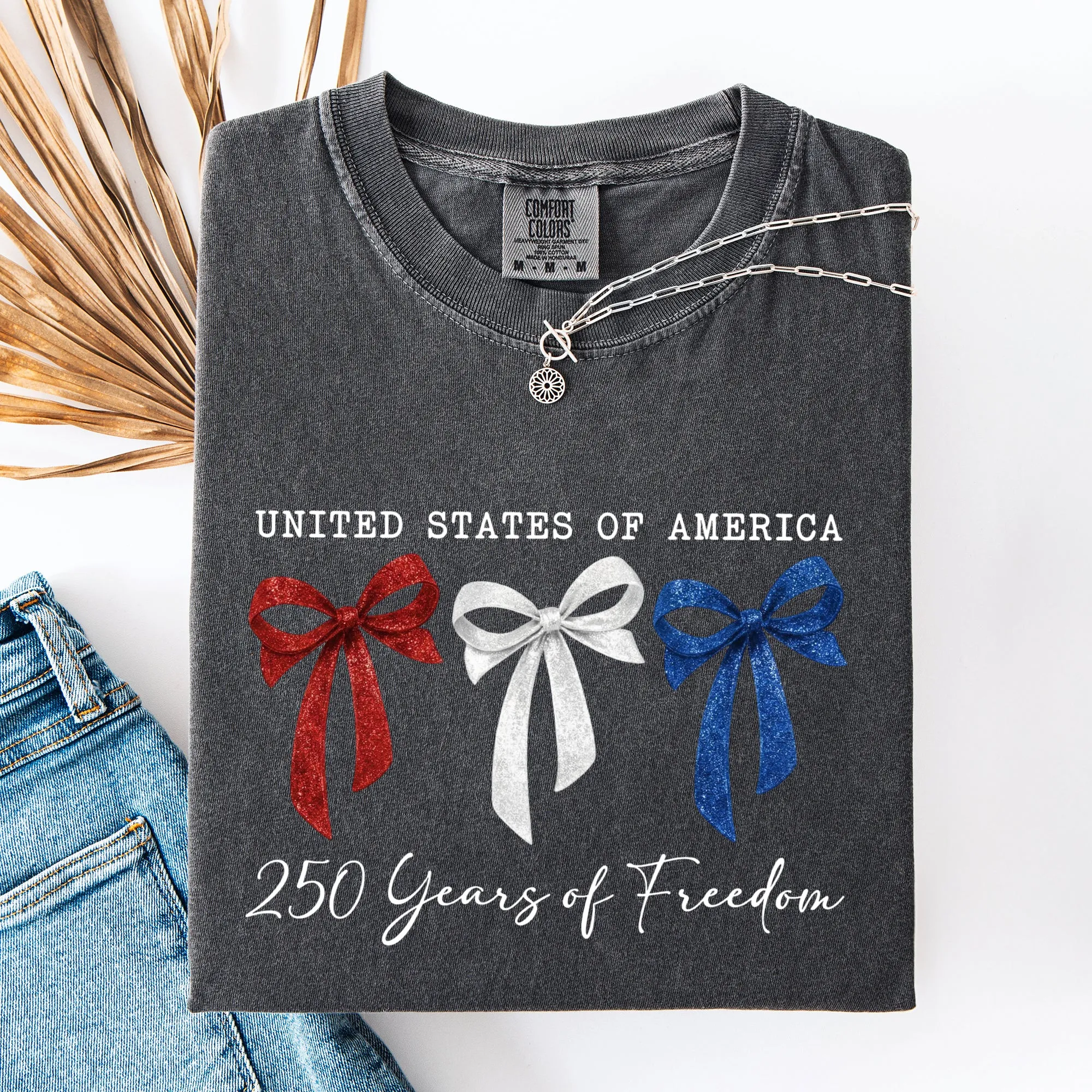Glittery, Red White and Blue Bows, Ribbons, Patriotic, 250 Years of Freedom, USA, America Comfort Colors T-Shirt sold by Refinery Number One