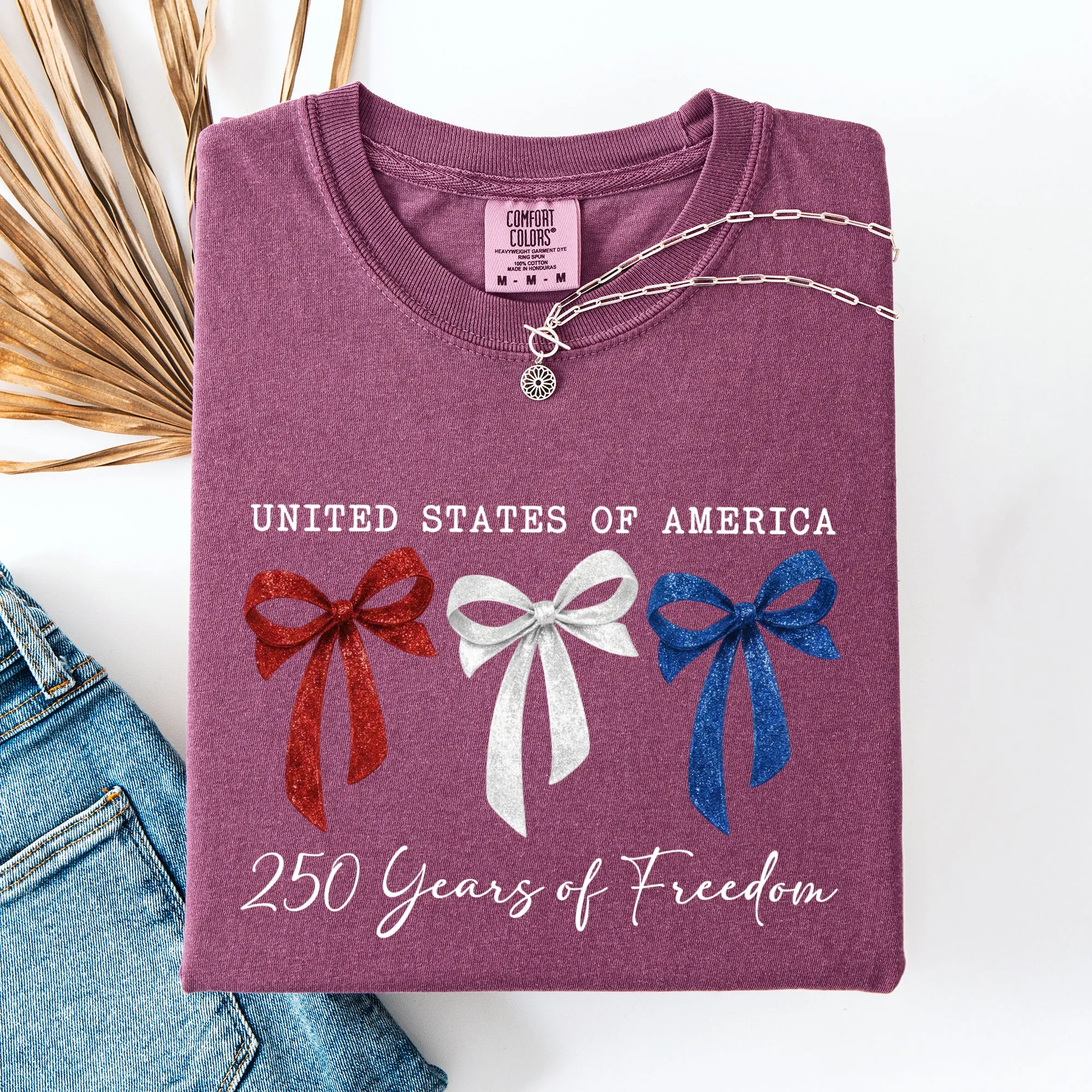 Glittery, Red White and Blue Bows, Ribbons, Patriotic, 250 Years of Freedom, USA, America Comfort Colors T-Shirt sold by Refinery Number One product image thumbnail 2