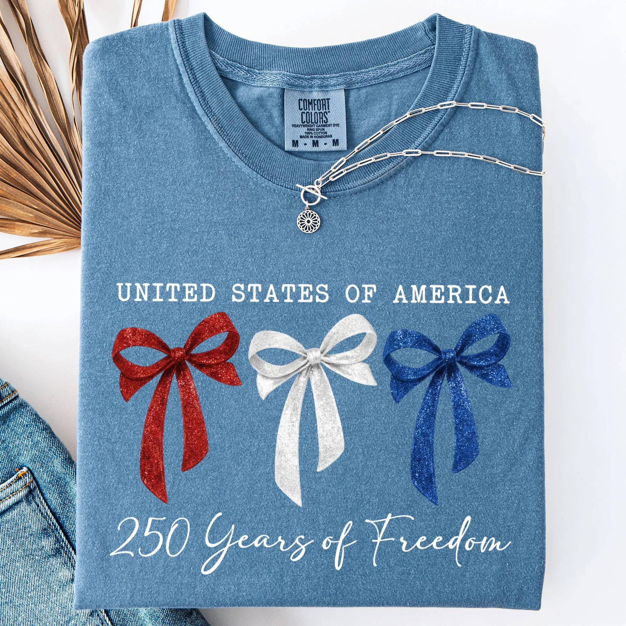 Glittery, Red White and Blue Bows, Ribbons, Patriotic, 250 Years of Freedom, USA, America Comfort Colors T-Shirt sold by Refinery Number One product image thumbnail 3