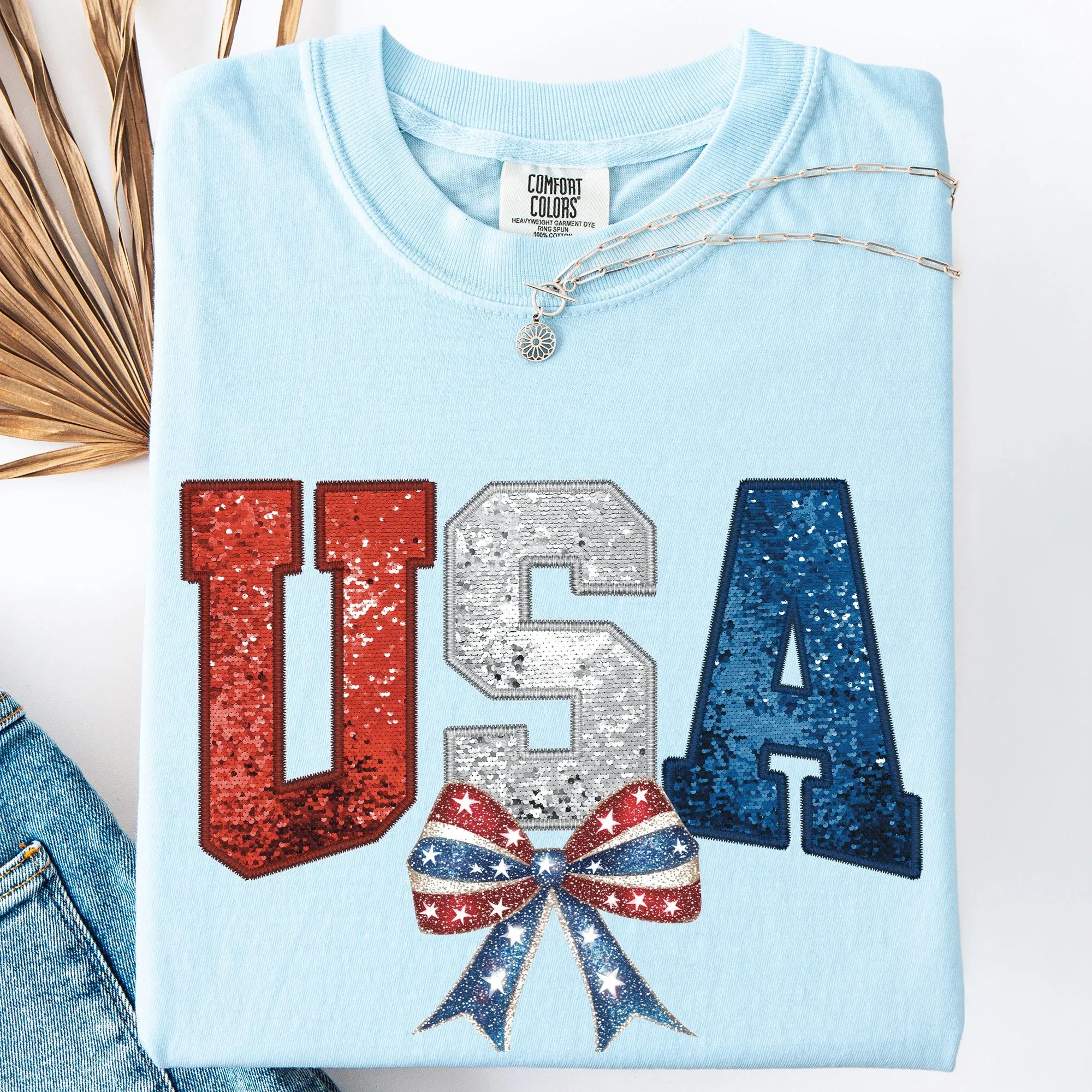 Glittery USA, Bow, Ribbon, Patriotic, America Comfort Colors T-Shirt sold by Refinery Number One product image thumbnail 4