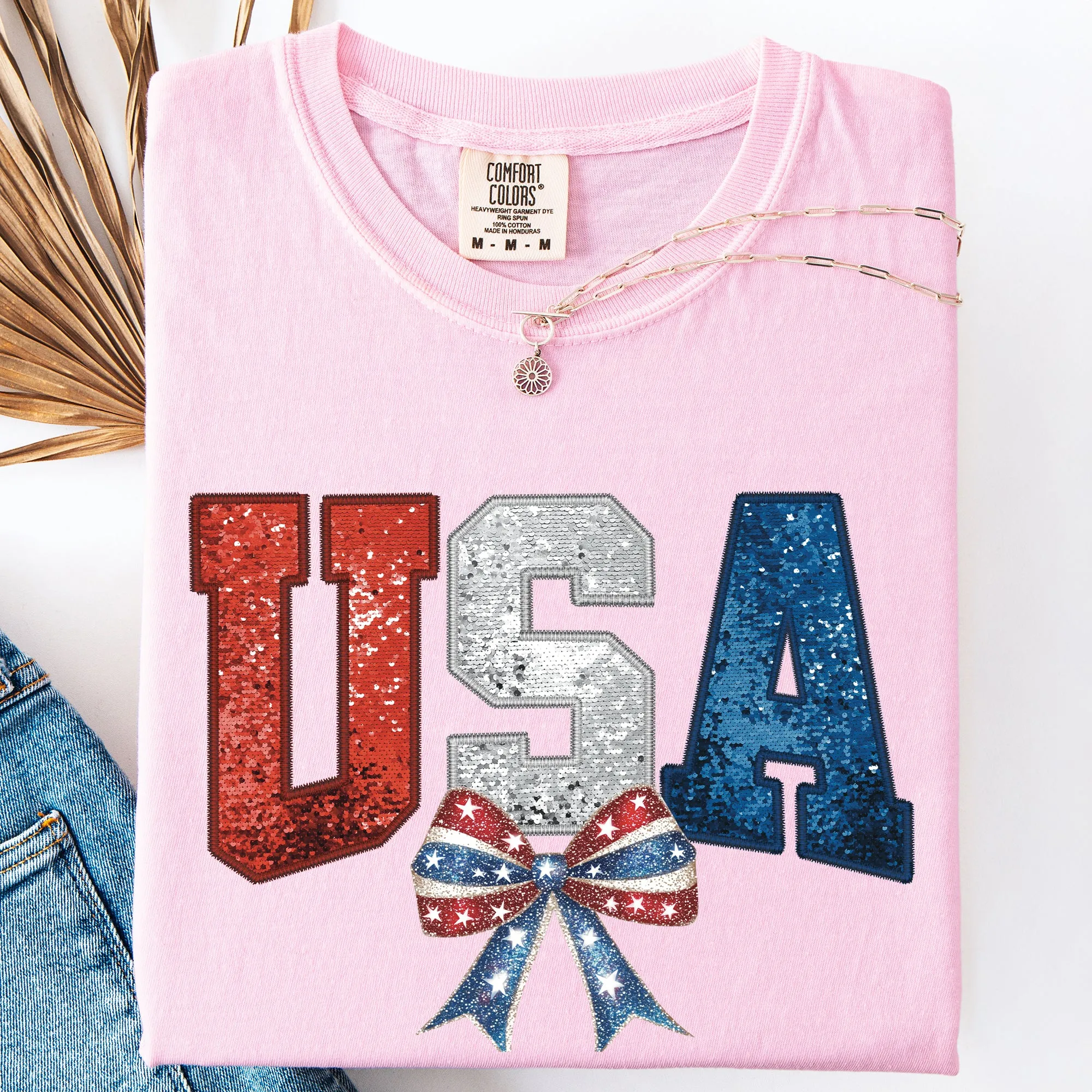 Glittery USA, Bow, Ribbon, Patriotic, America Comfort Colors T-Shirt sold by Refinery Number One product image thumbnail 2