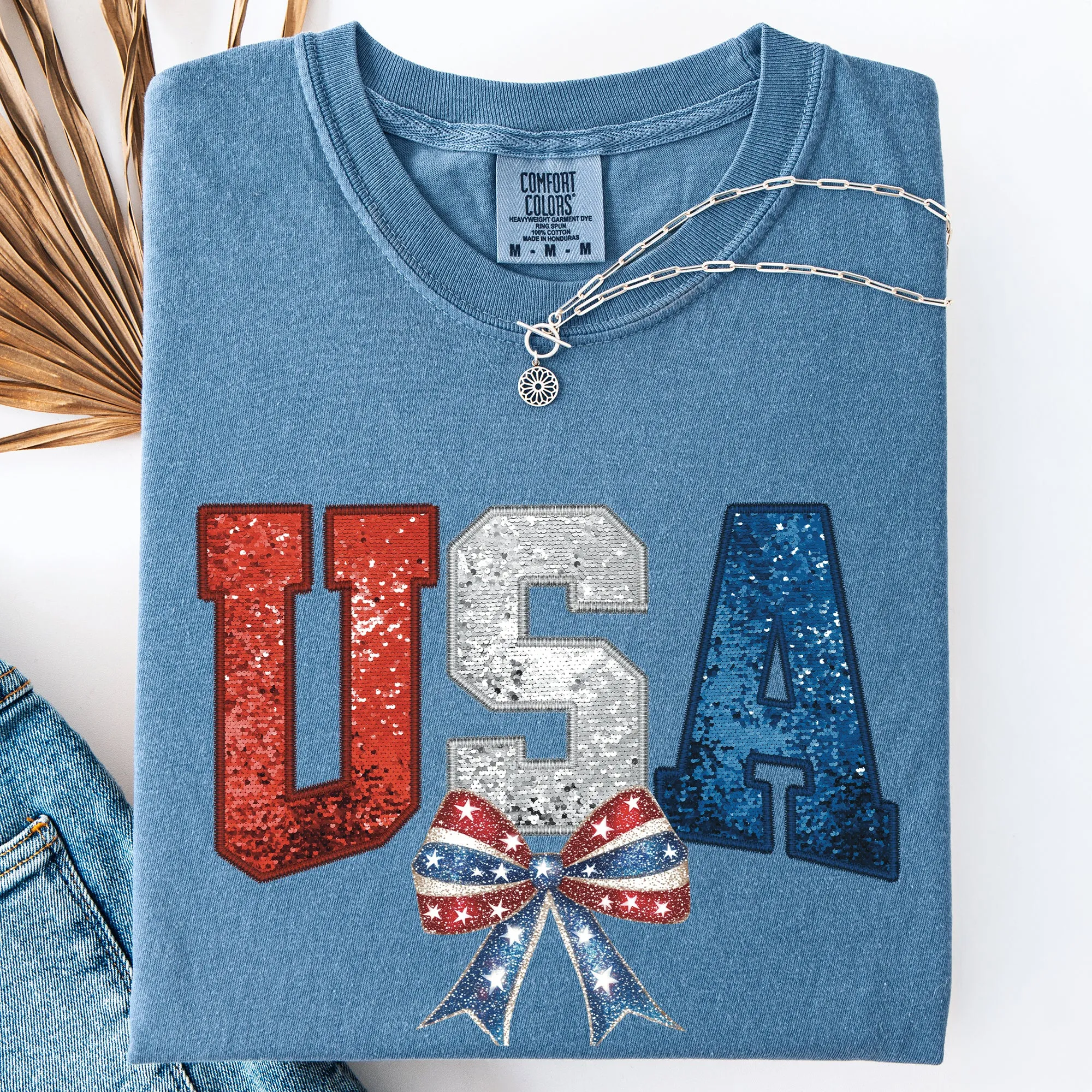 Glittery USA, Bow, Ribbon, Patriotic, America Comfort Colors T-Shirt sold by Refinery Number One product image thumbnail 3
