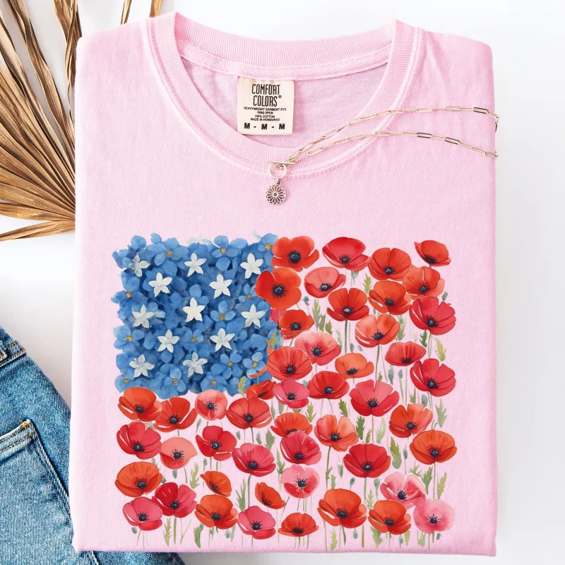 Floral Flag, USA, Patriotic, America, 4th of July Comfort Colors T-Shirt made by Refinery Number One