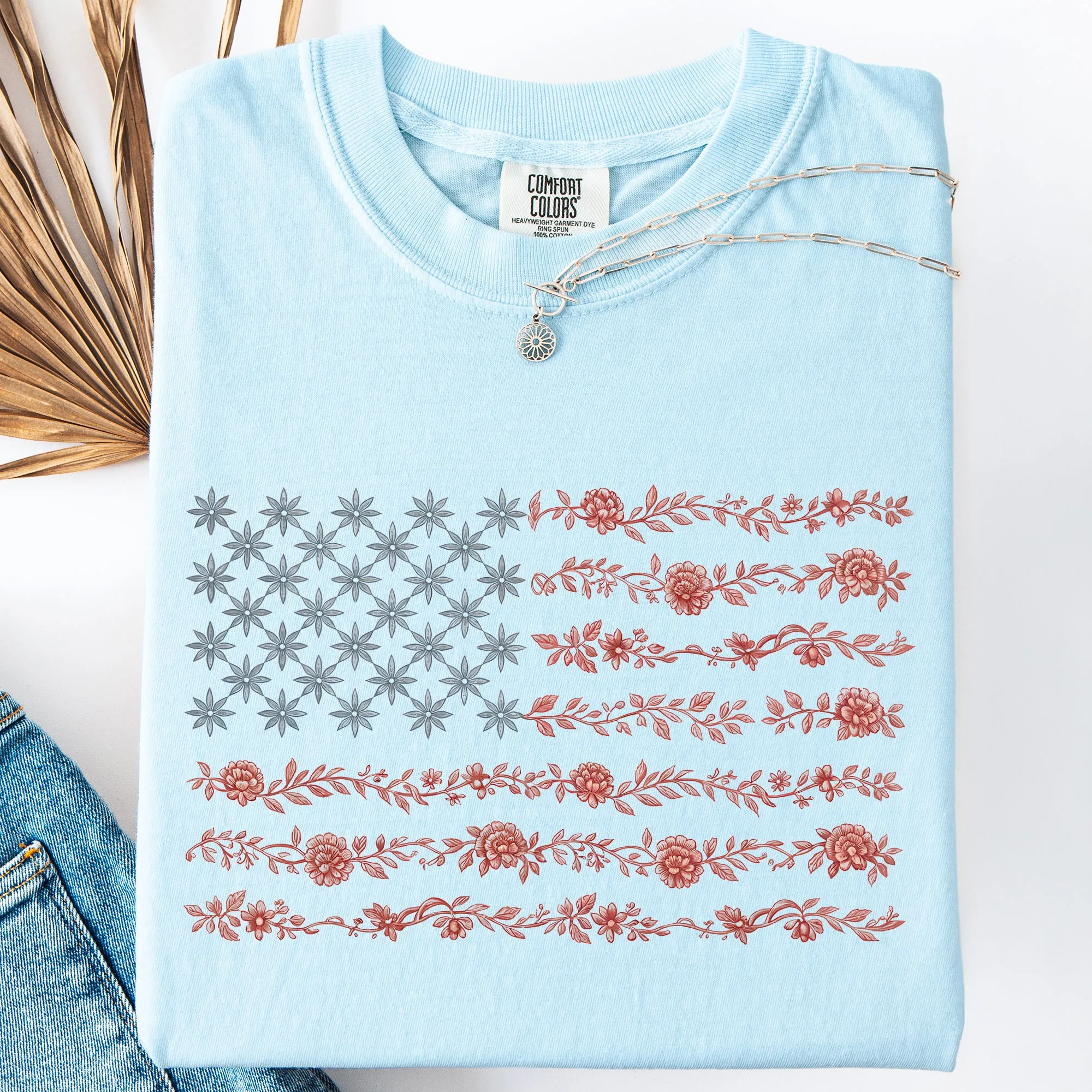 Floral America Flag, USA, America, 4th of July Comfort Colors T-Shirt sold by Refinery Number One product image thumbnail 3