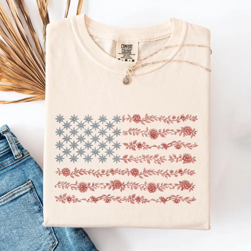 Floral America Flag, USA, America, 4th of July Comfort Colors T-Shirt sold by Refinery Number One