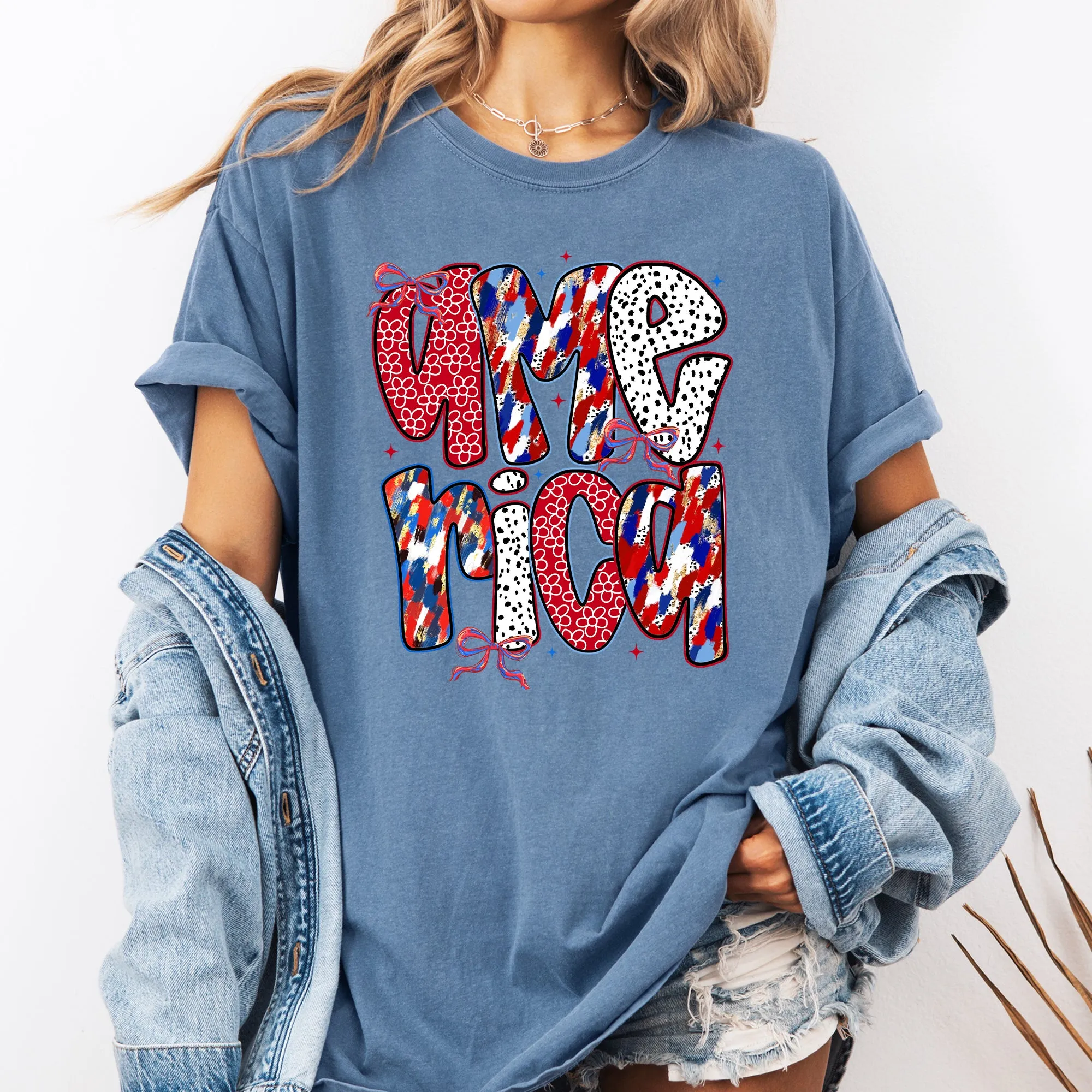 America, Ribbons and Bows, Patterns, Red White and Blue, USA Comfort Colors T-Shirt sold by Refinery Number One product image thumbnail 3