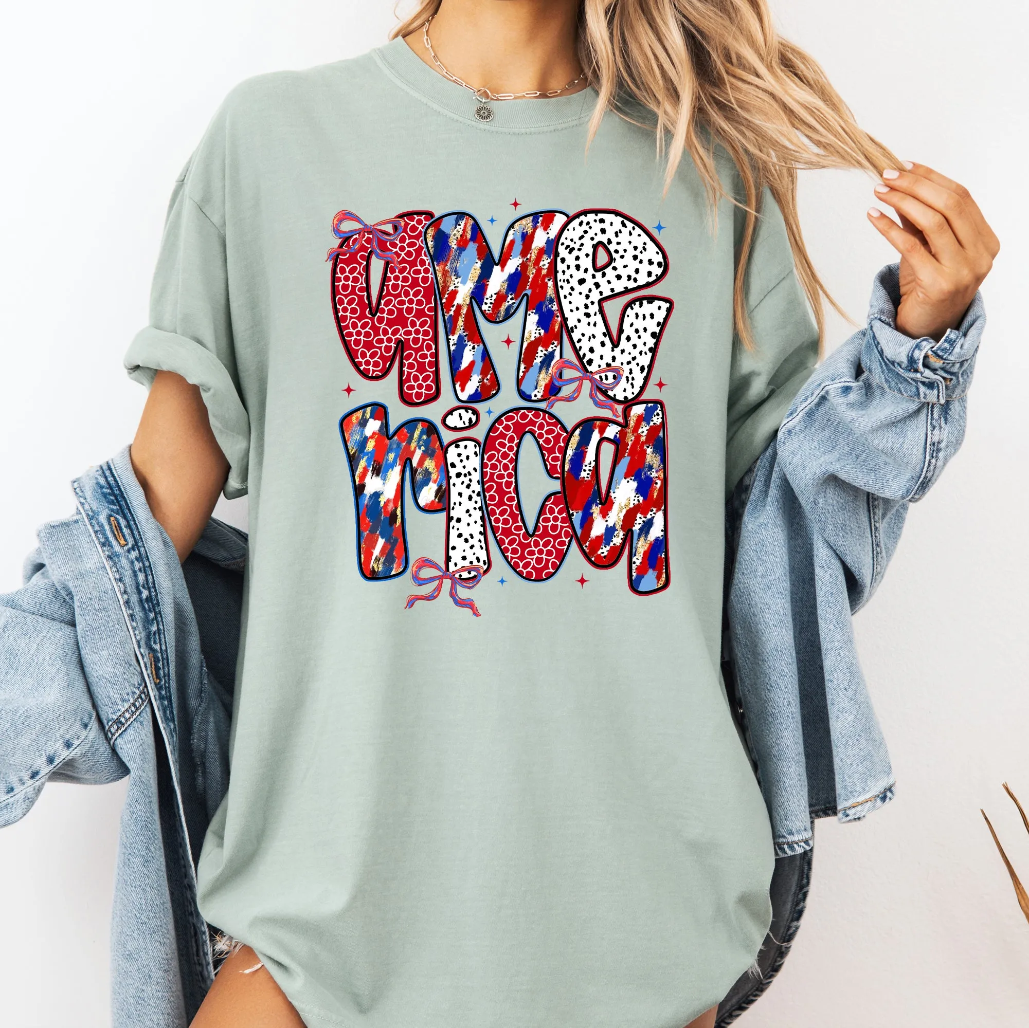 America, Ribbons and Bows, Patterns, Red White and Blue, USA Comfort Colors T-Shirt sold by Refinery Number One product image thumbnail 2