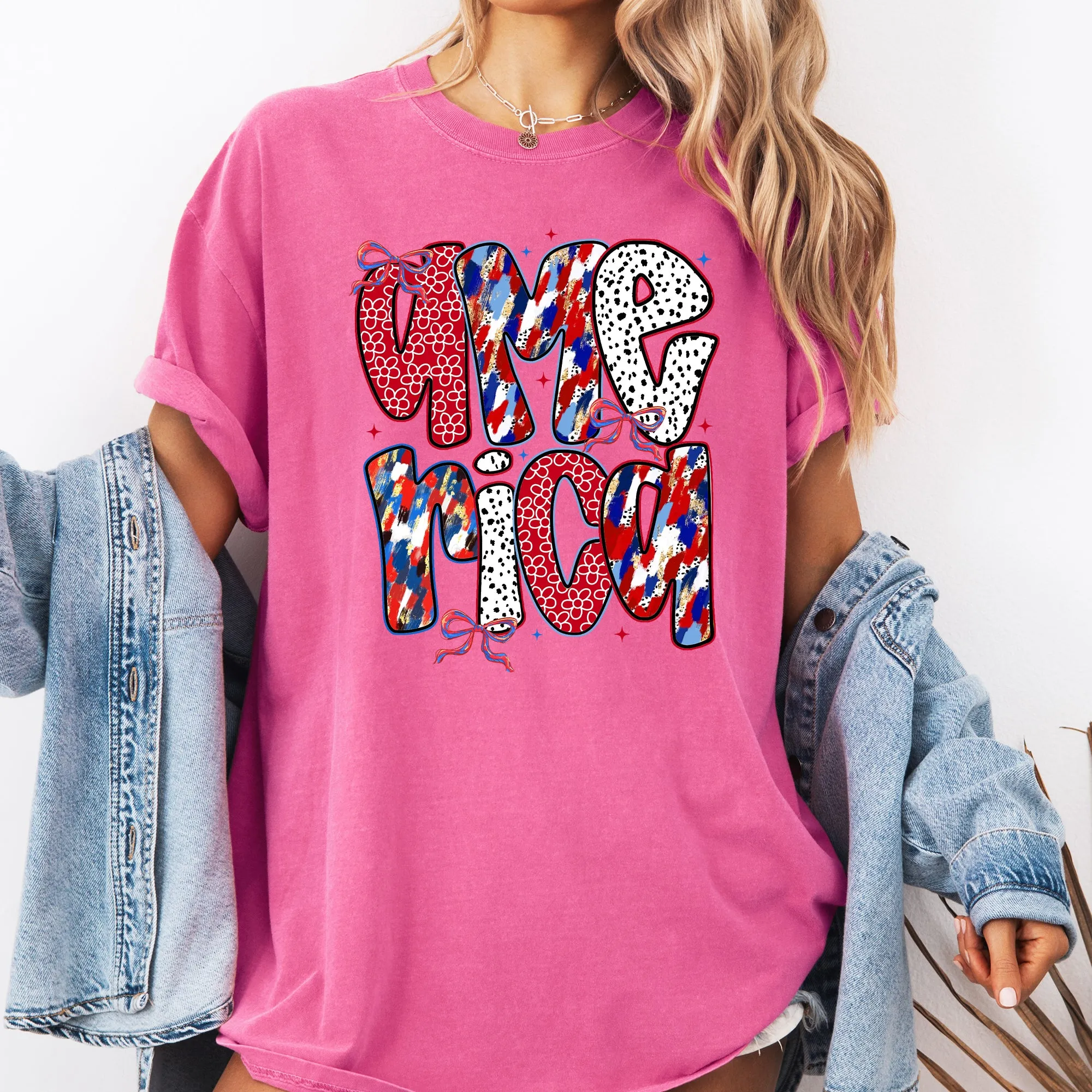 America, Ribbons and Bows, Patterns, Red White and Blue, USA Comfort Colors T-Shirt sold by Refinery Number One product image thumbnail 4