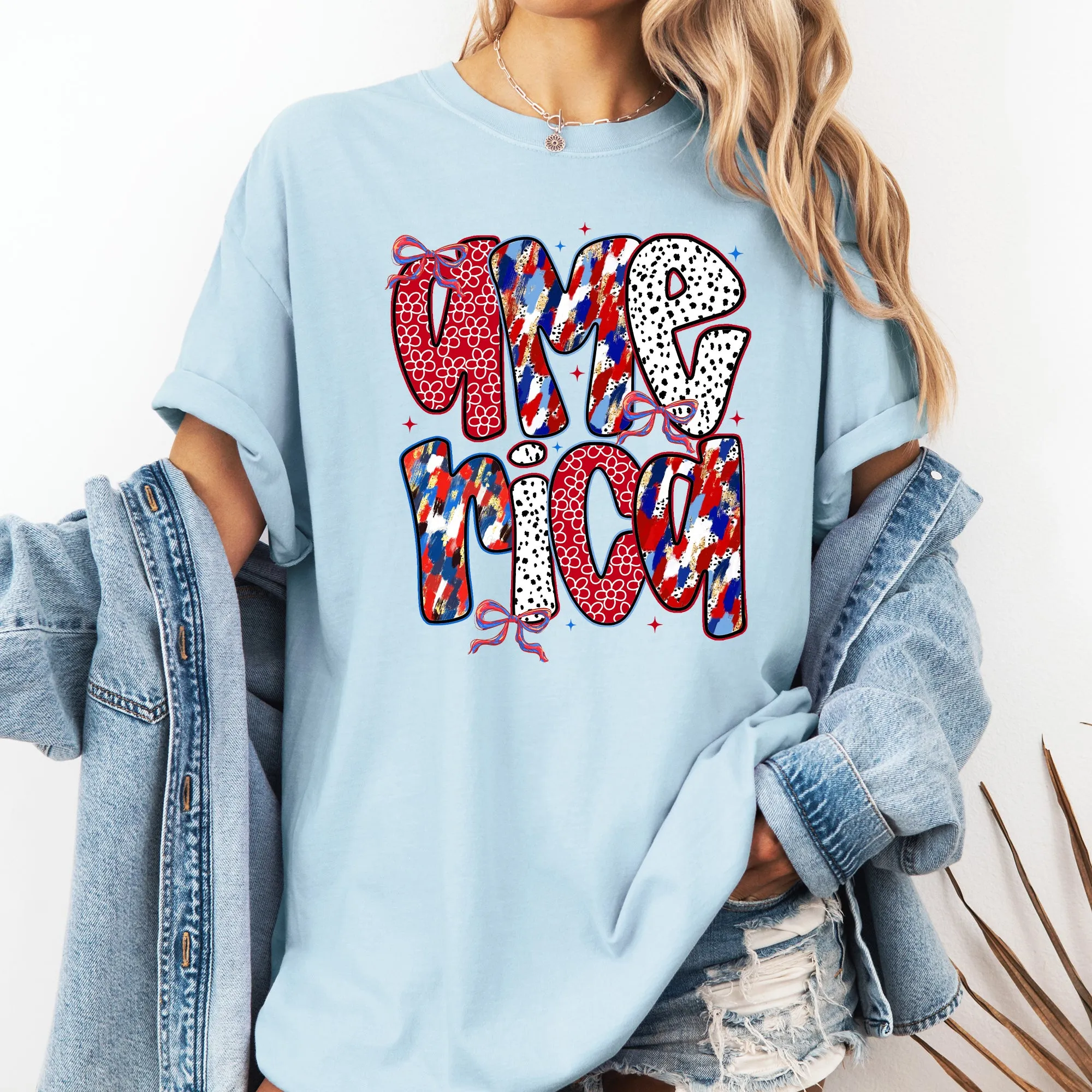 America, Ribbons and Bows, Patterns, Red White and Blue, USA Comfort Colors T-Shirt sold by Refinery Number One product image thumbnail 5