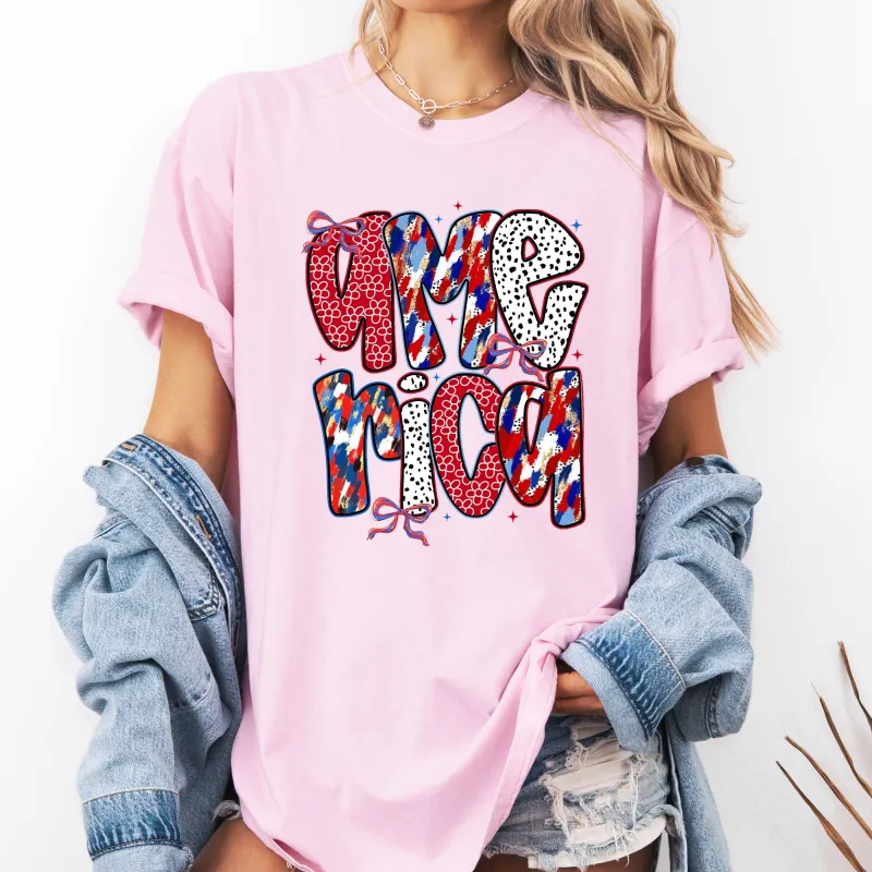 America, Ribbons and Bows, Patterns, Red White and Blue, USA Comfort Colors T-Shirt made by Refinery Number One