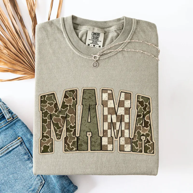 Mama, Camo, Checkered, Mother's Day, Varsity Design Comfort Colors T-Shirt made by Refinery Number One