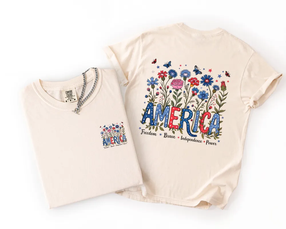 America, Floral, Flowers, USA, 4th of July, Patriotic Comfort Colors T-Shirt made by Refinery Number One