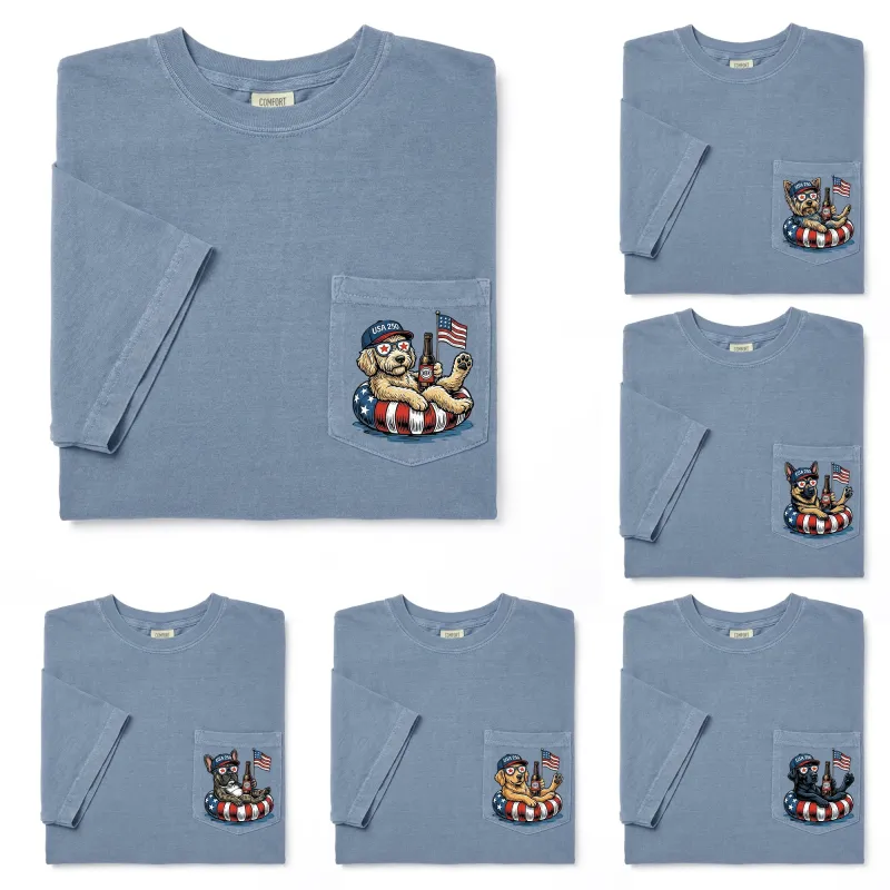 Patriotic Dogs: 4th of July Dog Comfort Colors Pocket Tee | 50+ Dog Breeds, Custom Available, USA Flag, Fireworks, America 250 made by Refinery Number One