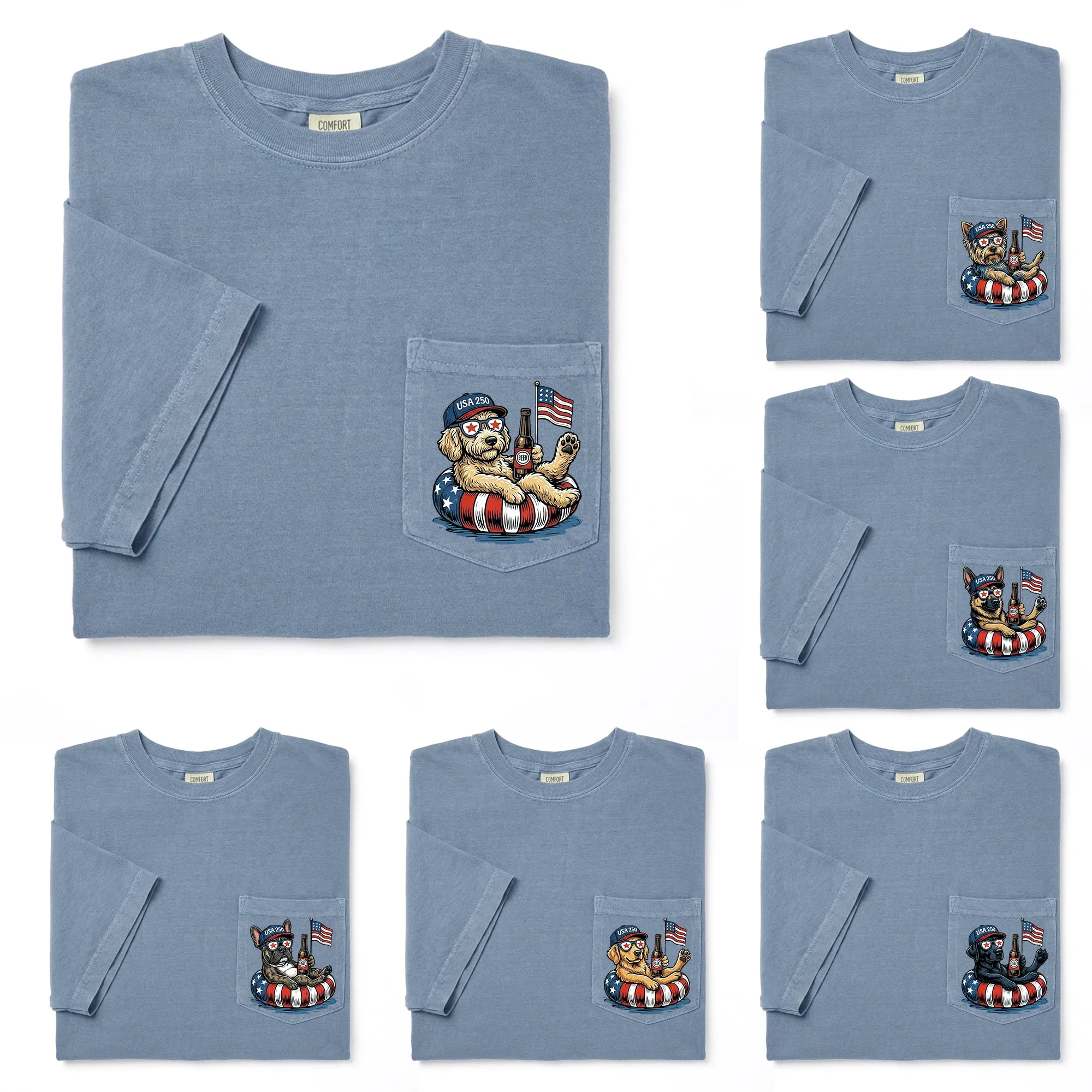 Patriotic Dogs: 4th of July Dog Comfort Colors Pocket Tee | 50+ Dog Breeds, Custom Available, USA Flag, Fireworks, America 250 sold by Refinery Number One