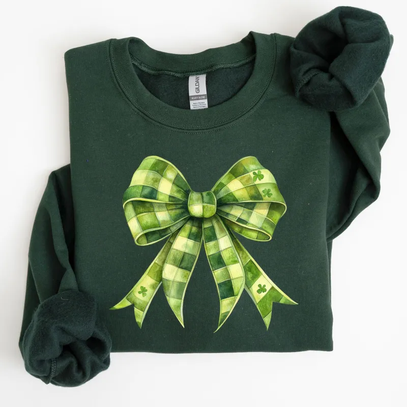 Checkered Coquette Bow Shamrock Clover Lucky Retro Irish Lucky Charm St Patrick's Day Sweatshirt made by Refinery Number One