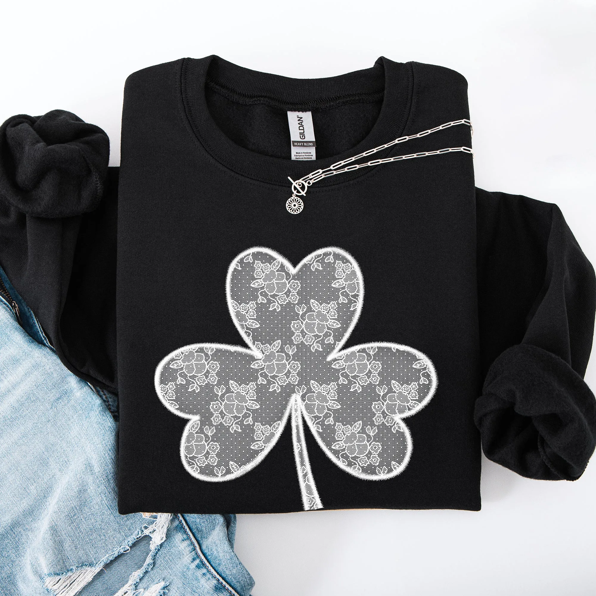 Lace Coquette Shamrock St Patrick's Day Clover Lucky Leprechaun Festive Sweatshirt sold by Refinery Number One
