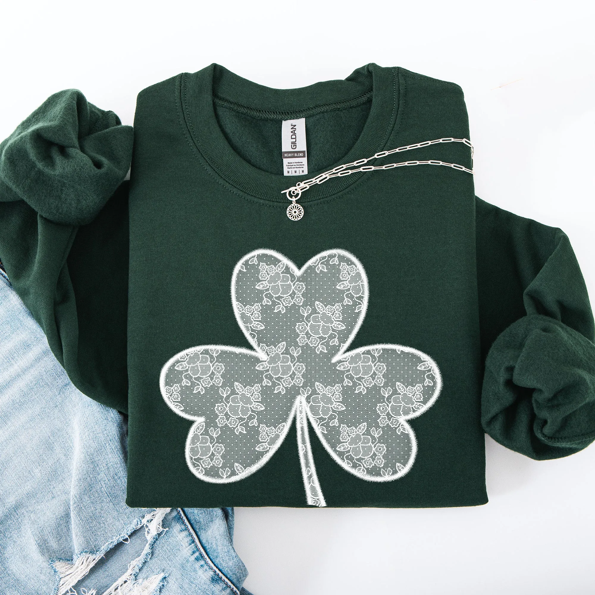 Lace Coquette Shamrock St Patrick's Day Clover Lucky Leprechaun Festive Sweatshirt sold by Refinery Number One product image thumbnail 2