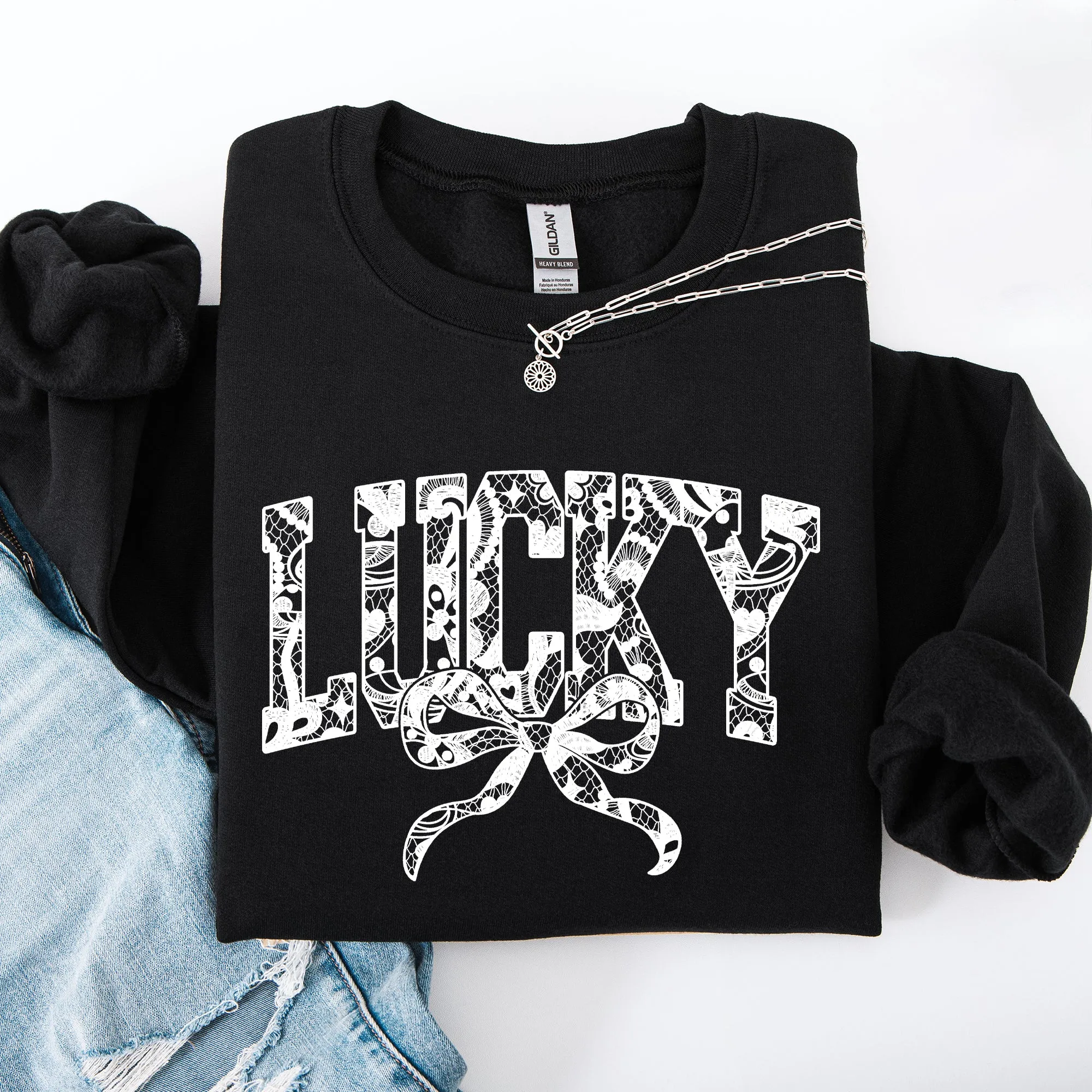Lucky Lace Coquette Ribbon Leprechaun St Patrick's Day Shamrock Clover Sweatshirt sold by Refinery Number One product image thumbnail 3