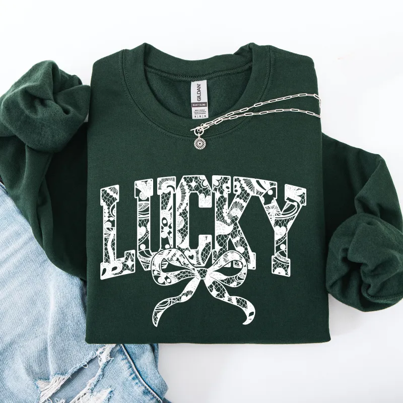 Lucky Lace Coquette Ribbon Leprechaun St Patrick's Day Shamrock Clover Sweatshirt made by Refinery Number One