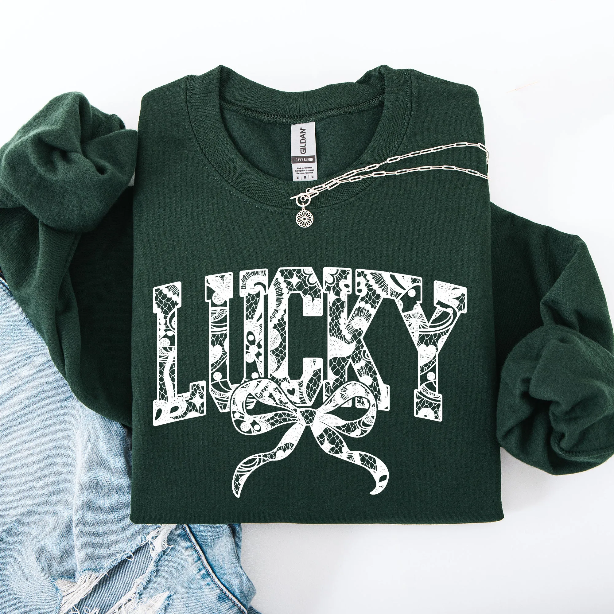 Lucky Lace Coquette Ribbon Leprechaun St Patrick's Day Shamrock Clover Sweatshirt sold by Refinery Number One