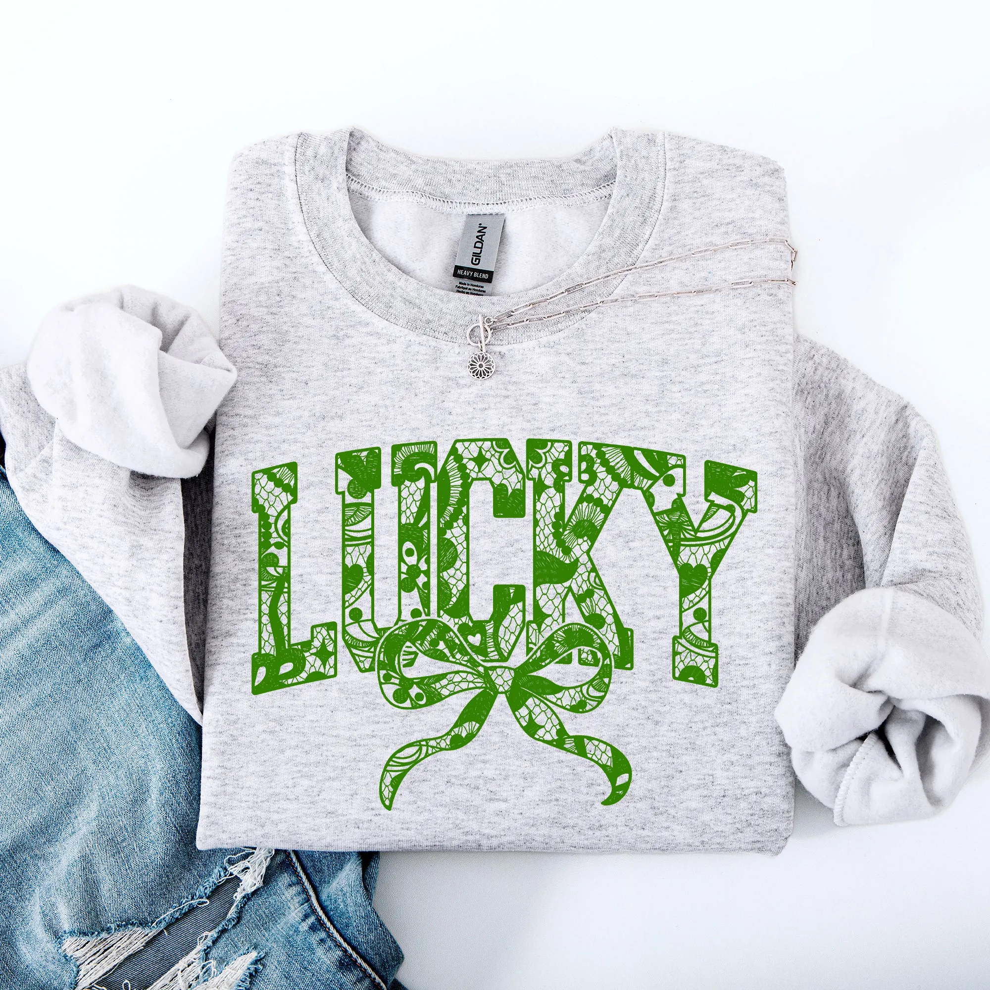 Lucky Lace Coquette Ribbon Leprechaun St Patrick's Day Shamrock Clover Sweatshirt sold by Refinery Number One product image thumbnail 5