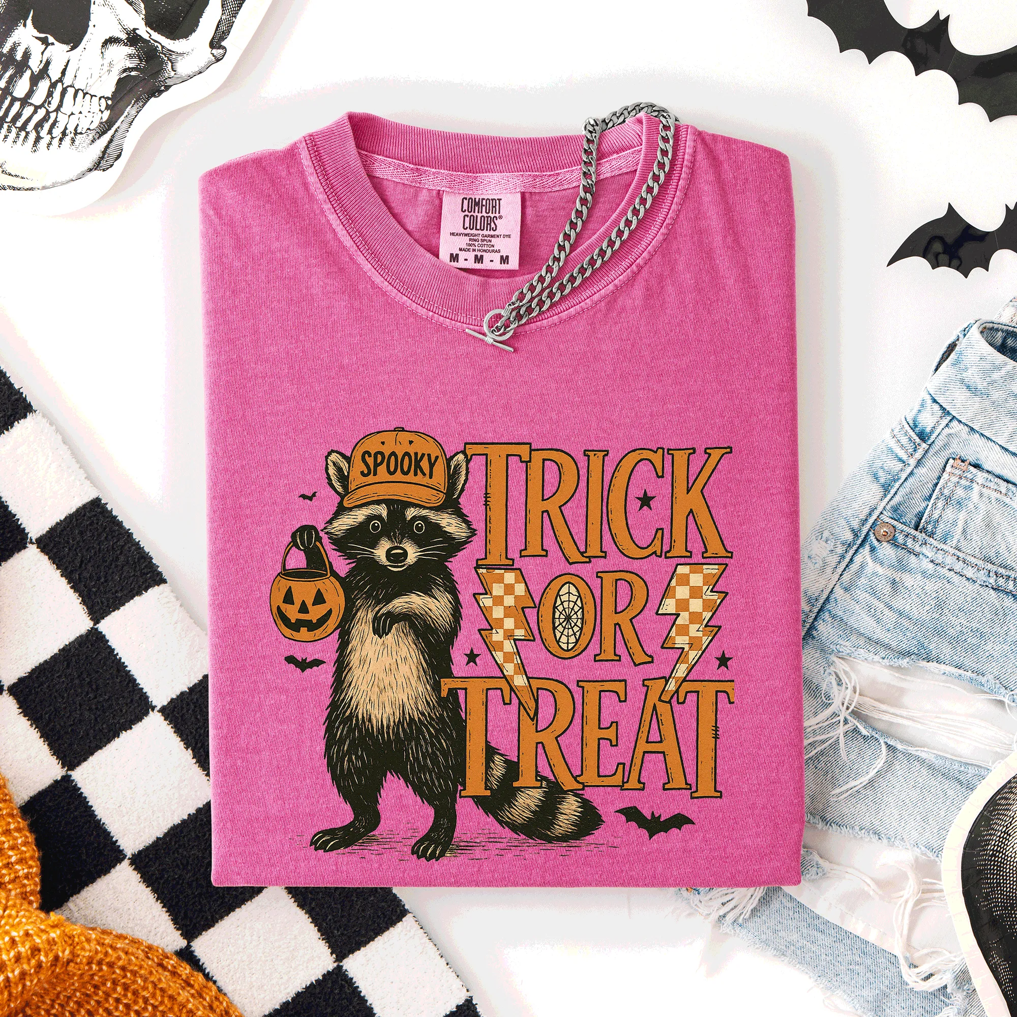 Trick or Treat Raccoon Halloween Mischief With Skeletons Ghosts Cats And Pumpkins Comfort Colors Tee sold by Refinery Number One product image thumbnail 5