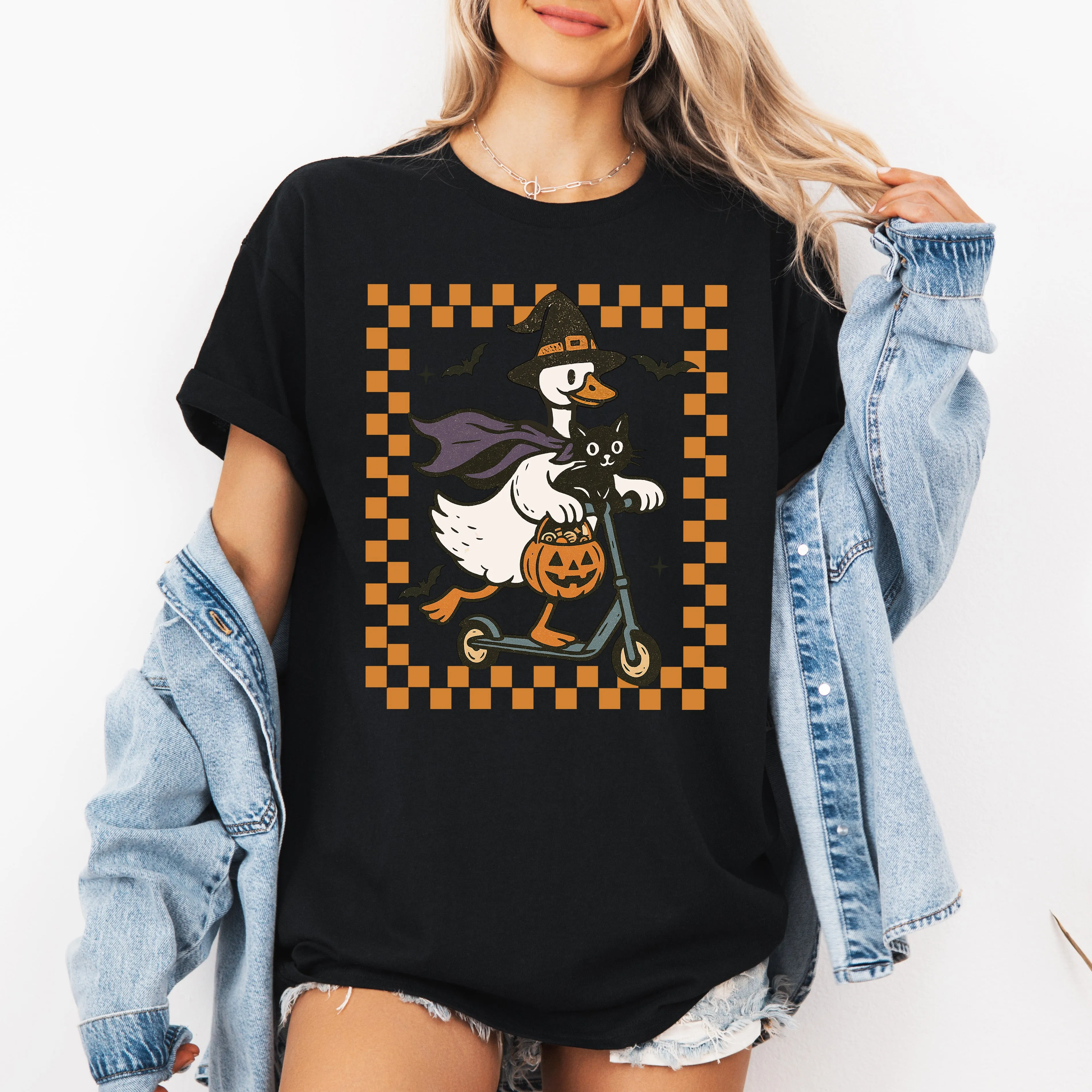 Funny Halloween Goose, Black Cat, Witch, Checkered Cartoon Illustration Graphic Tee sold by Refinery Number One product image thumbnail 2
