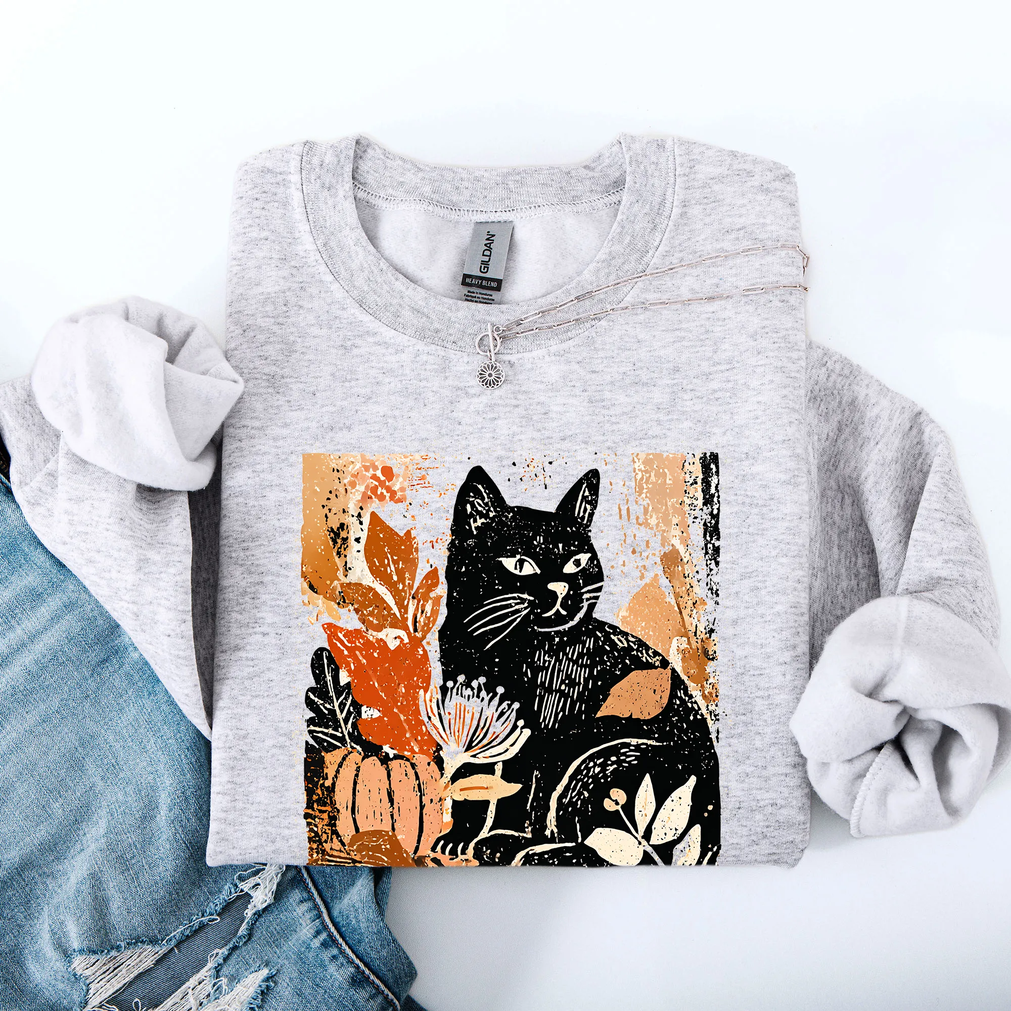Vintage Black Cat Halloween Autumn Pumpkin Cozy Soft Fleece Vintage Inspired Design Sweatshirt sold by Refinery Number One product image thumbnail 3