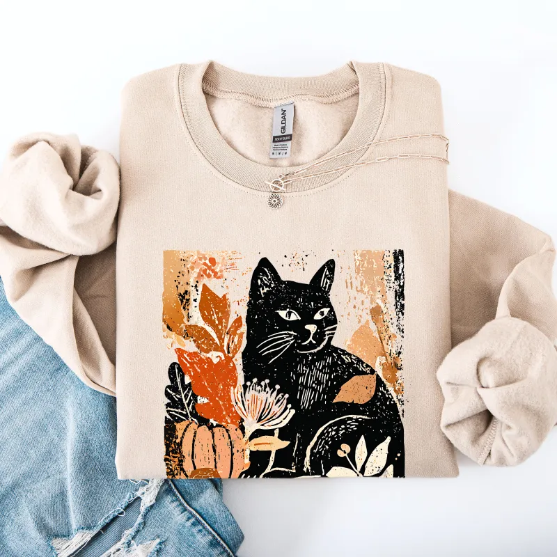Vintage Black Cat Halloween Autumn Pumpkin Cozy Soft Fleece Vintage Inspired Design Sweatshirt made by Refinery Number One