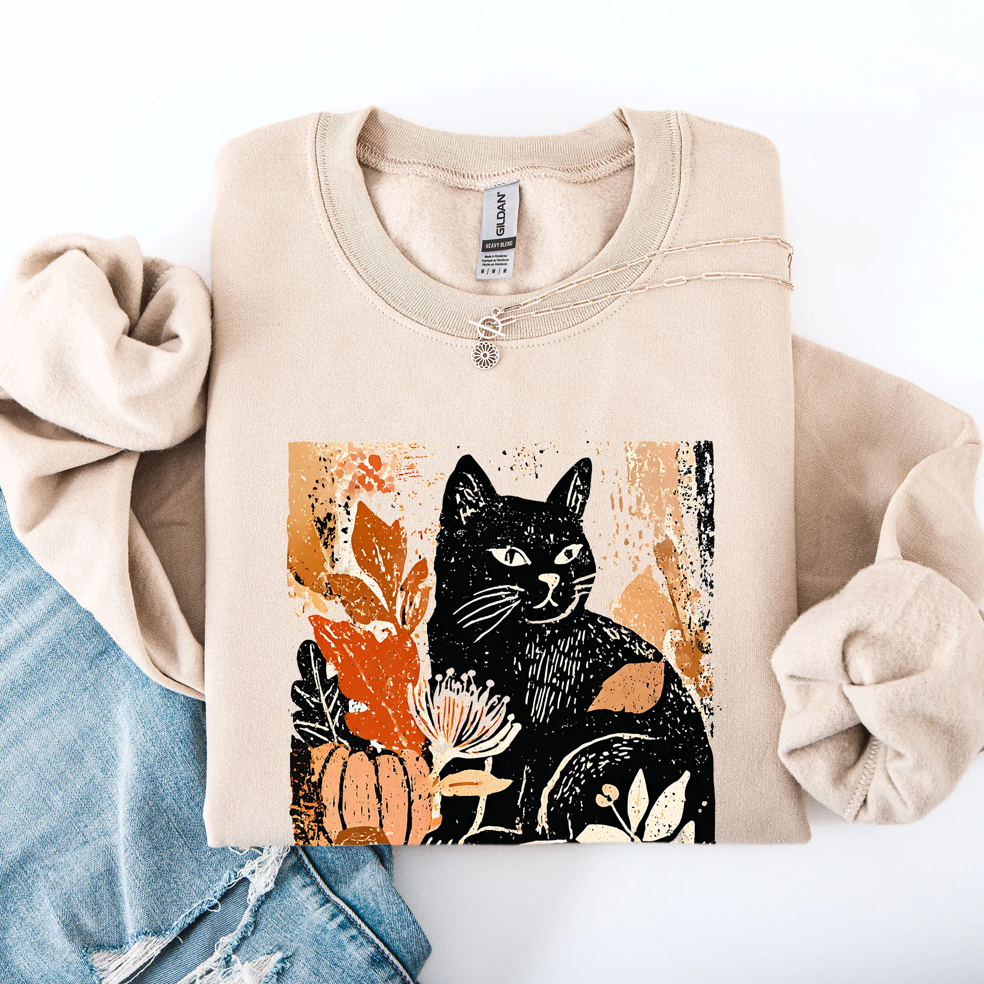 Vintage Black Cat Halloween Autumn Pumpkin Cozy Soft Fleece Vintage Inspired Design Sweatshirt sold by Refinery Number One