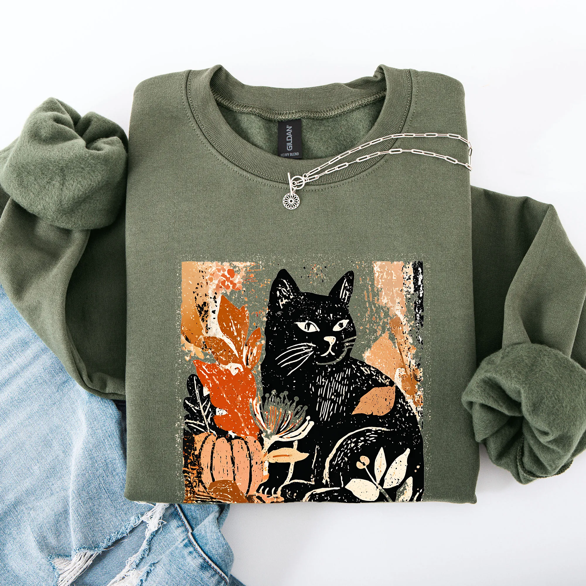Vintage Black Cat Halloween Autumn Pumpkin Cozy Soft Fleece Vintage Inspired Design Sweatshirt sold by Refinery Number One product image thumbnail 4
