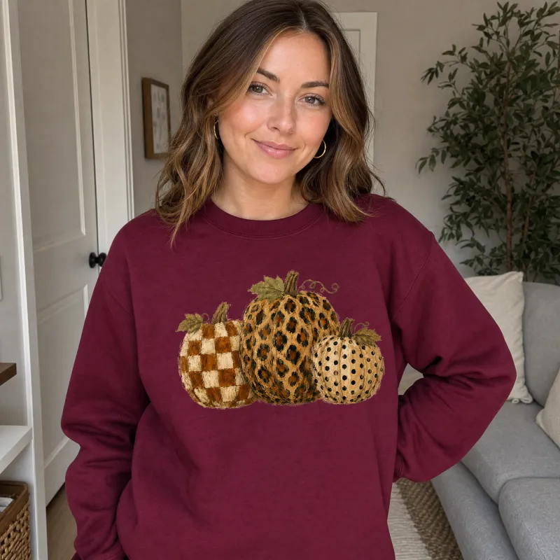 Leopard Polka Dot Pumpkins, Fall Harvest, Rustic Autumn, Farmhouse Style Sweatshirt made by Refinery Number One