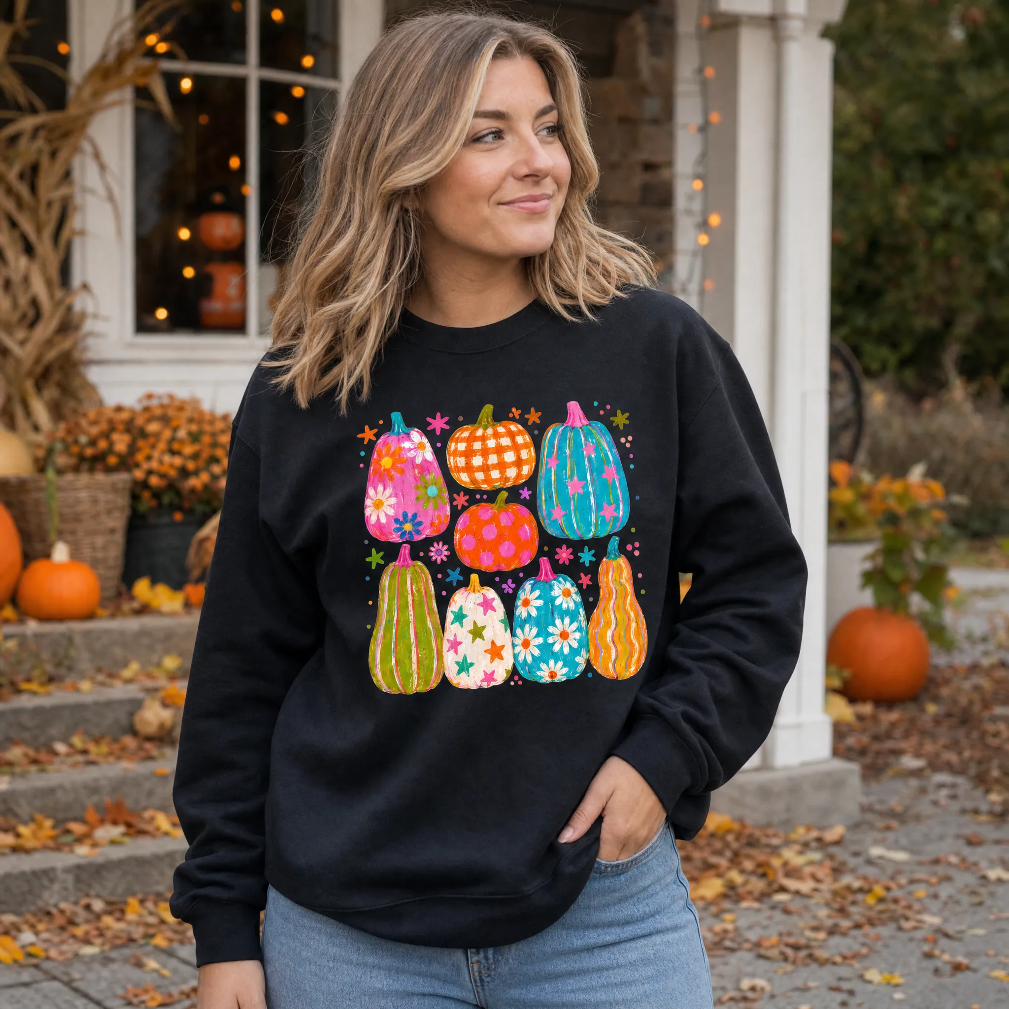 Playful Pumpkins, Bright Fall, Whimsical Autumn, Vibrant Halloween Vibes Sweatshirt sold by Refinery Number One product image thumbnail 3