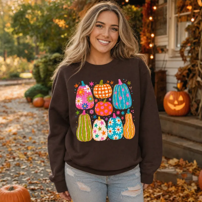 Playful Pumpkins, Bright Fall, Whimsical Autumn, Vibrant Halloween Vibes Sweatshirt made by Refinery Number One