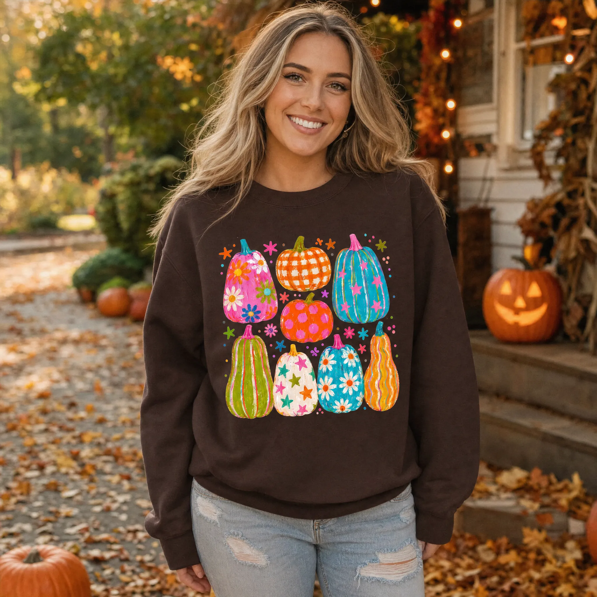 Playful Pumpkins, Bright Fall, Whimsical Autumn, Vibrant Halloween Vibes Sweatshirt sold by Refinery Number One