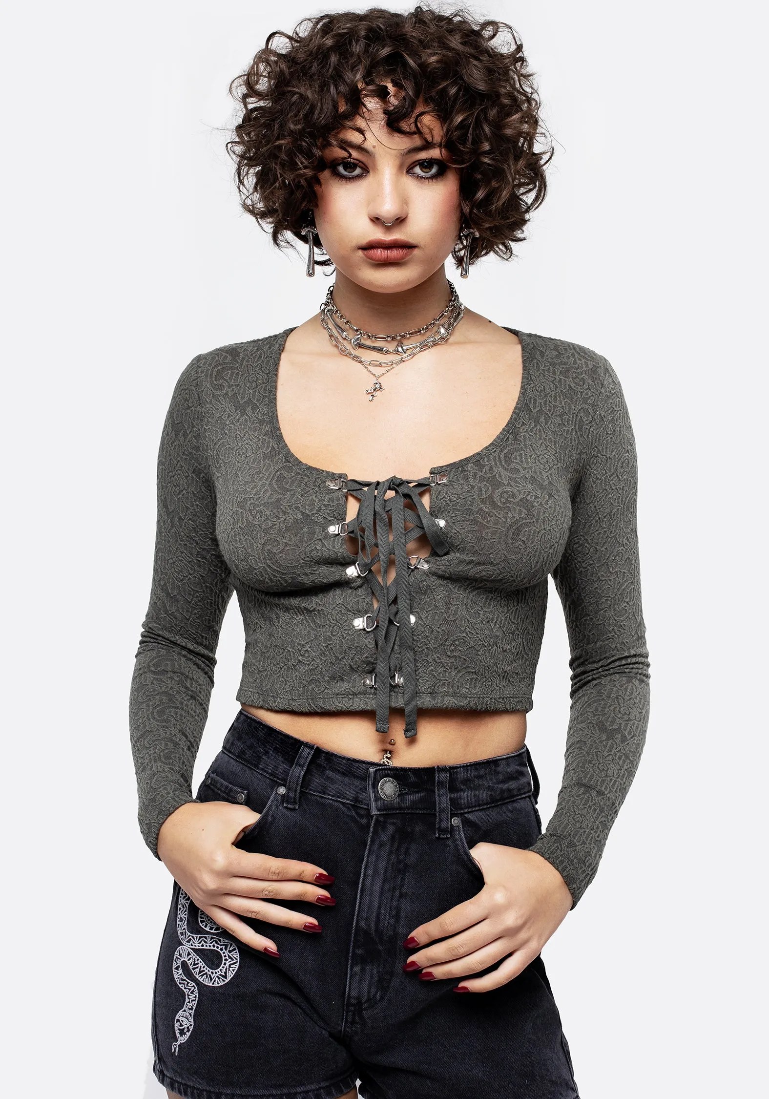 Laurel Lace Up Long Sleeve Crop Top sold by Disturbia product image thumbnail 4