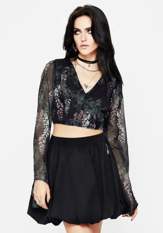 Wisteria Floral Print Chiffon Bell Sleeve Wrap Tie Top sold by Disturbia