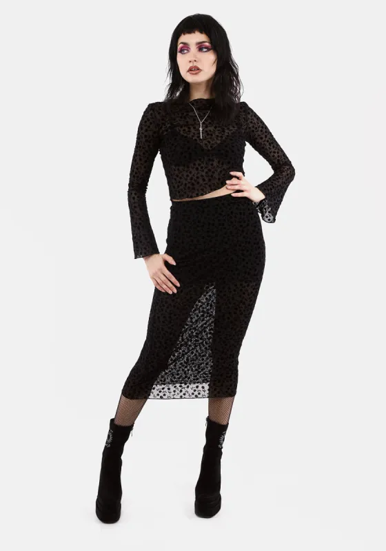 LOVESPELL FLOCKED MESH MIDI SKIRT sold by Disturbia