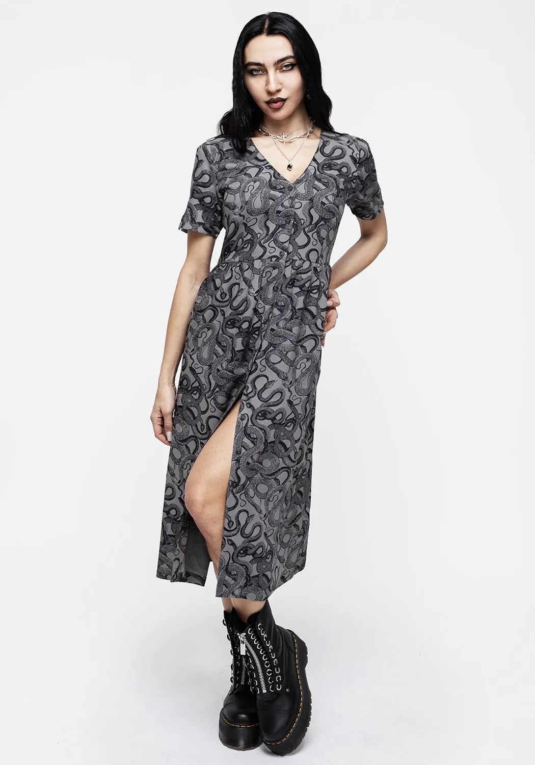 Ophidia Snakes Print Button Down Midi Dress - Grey sold by Disturbia