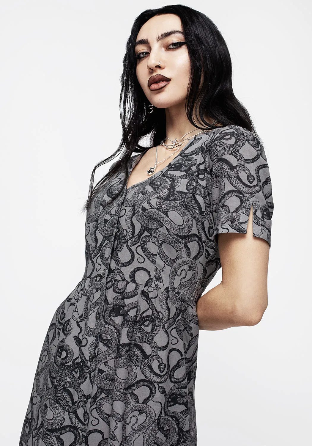 Ophidia Snakes Print Button Down Midi Dress - Grey sold by Disturbia product image thumbnail 3