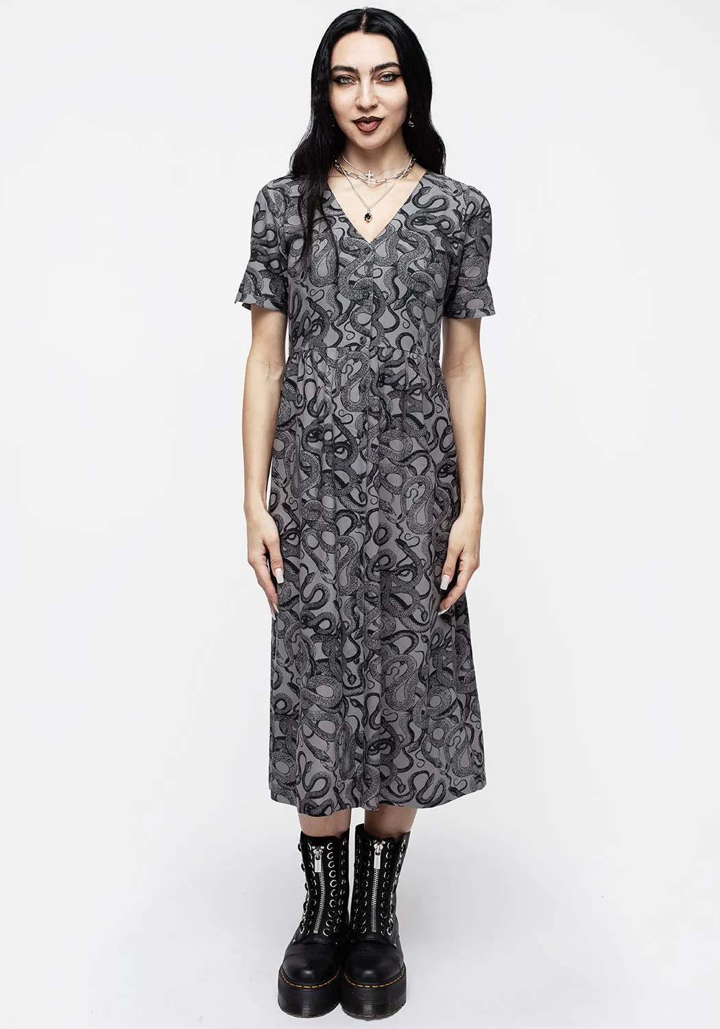 Ophidia Snakes Print Button Down Midi Dress - Grey sold by Disturbia product image thumbnail 5